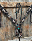 Dark Oil Buckstitch Copper and Turquoise Browband / One Ear / Breastcollar Buckstitch Tack Set 