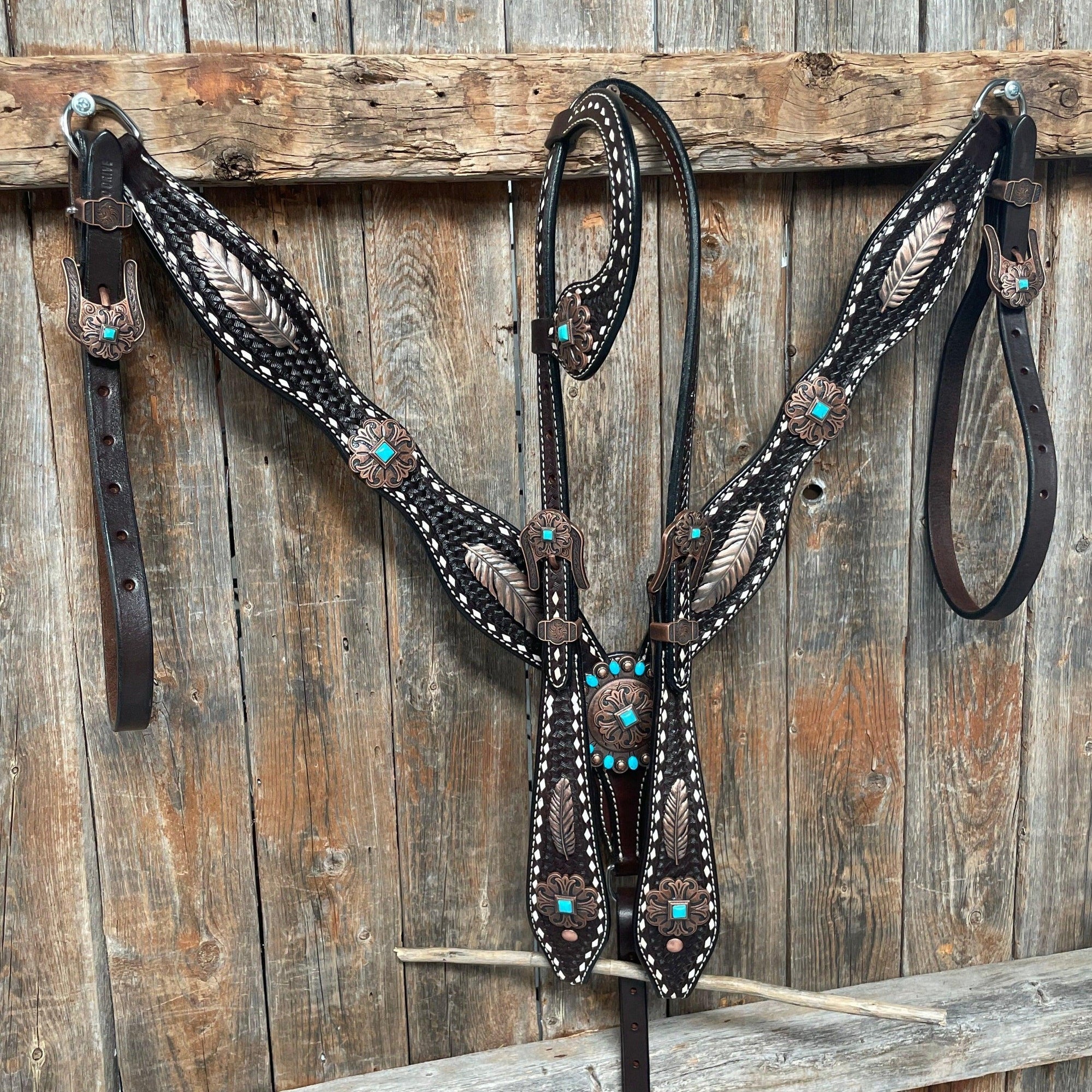 Dark Oil Buckstitch Copper and Turquoise Browband / One Ear / Breastcollar Buckstitch Tack Set 