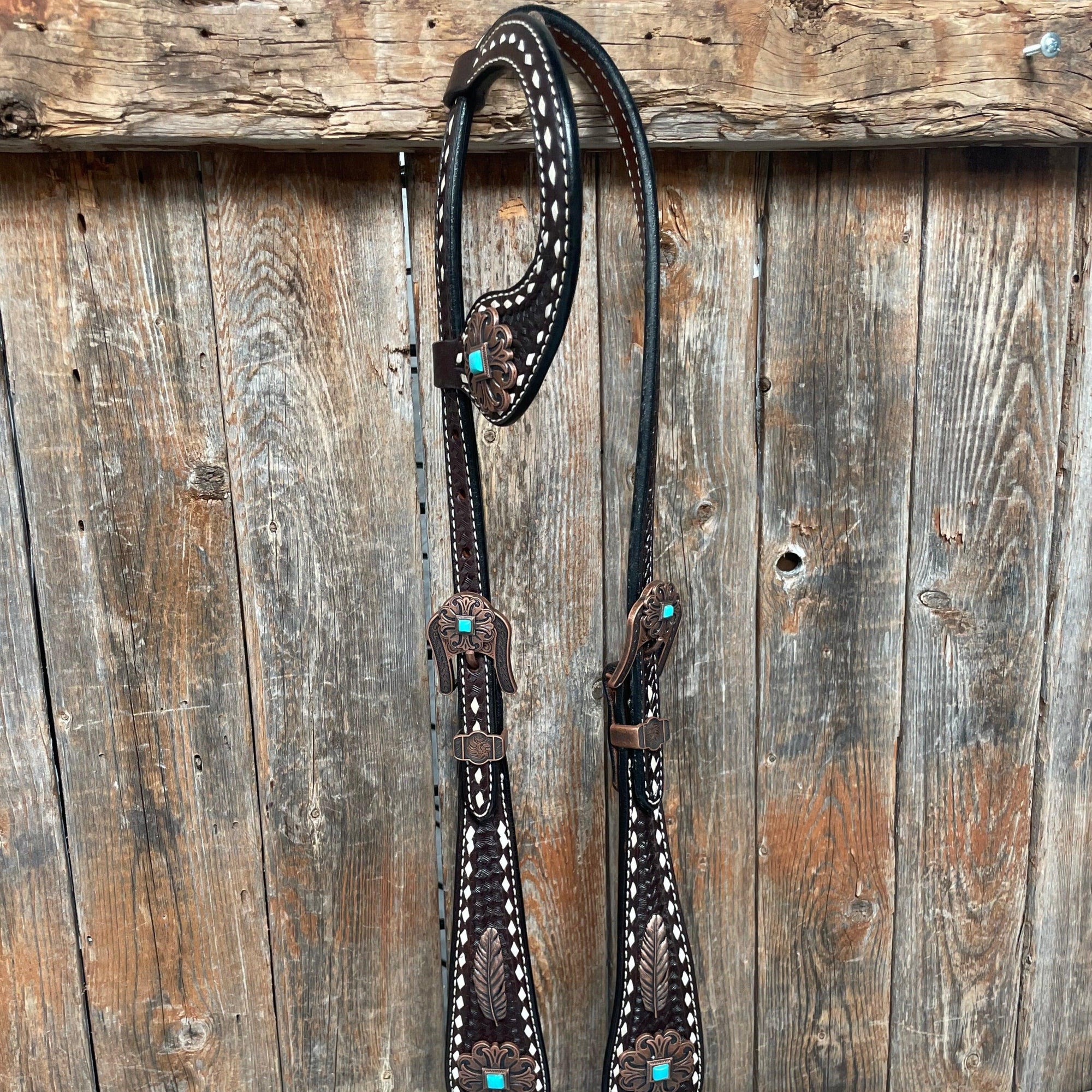Dark Oil Buckstitch Copper and Turquoise Browband / One Ear / Breastcollar Buckstitch Tack Set 