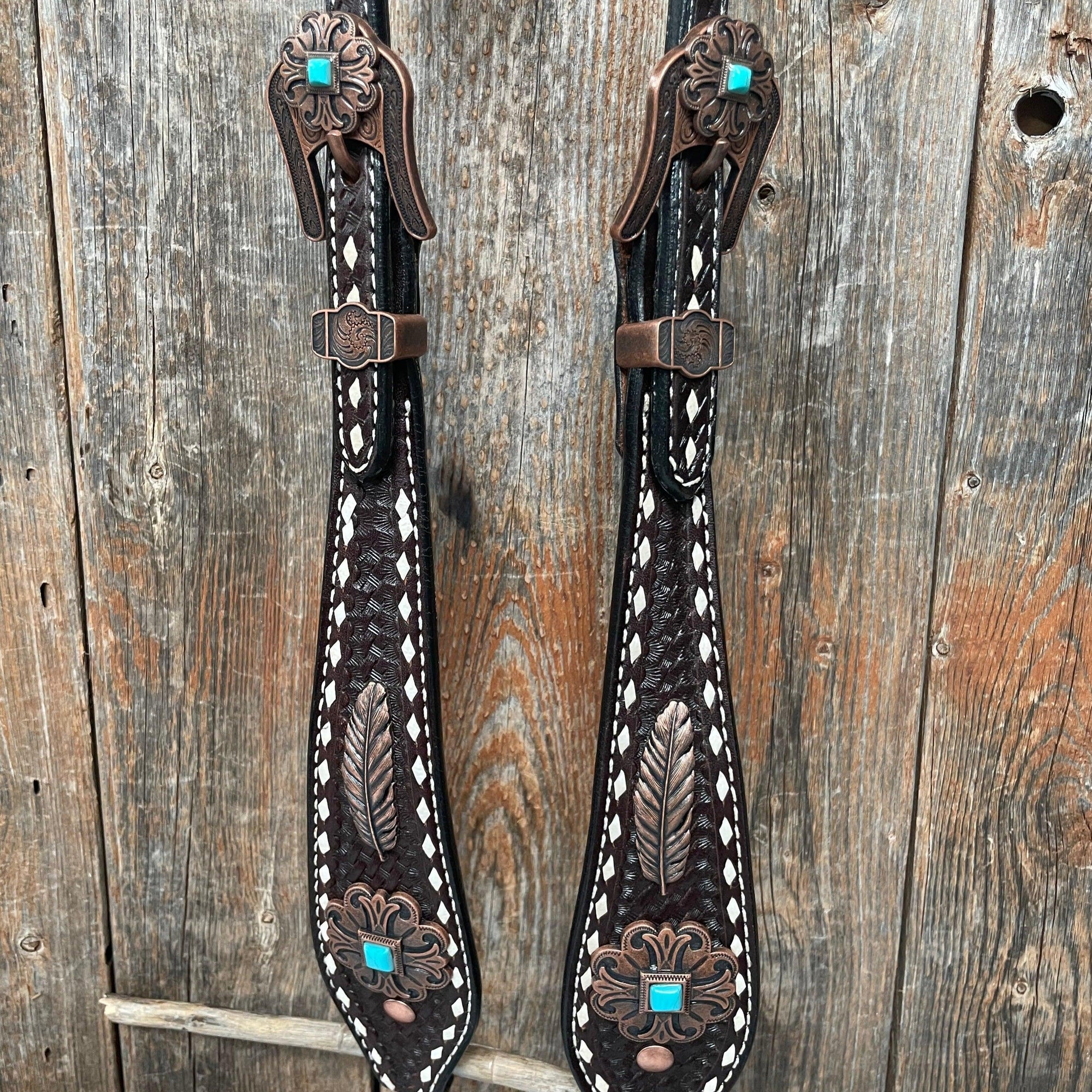 Dark Oil Buckstitch Copper and Turquoise Browband / One Ear / Breastcollar Buckstitch Tack Set 