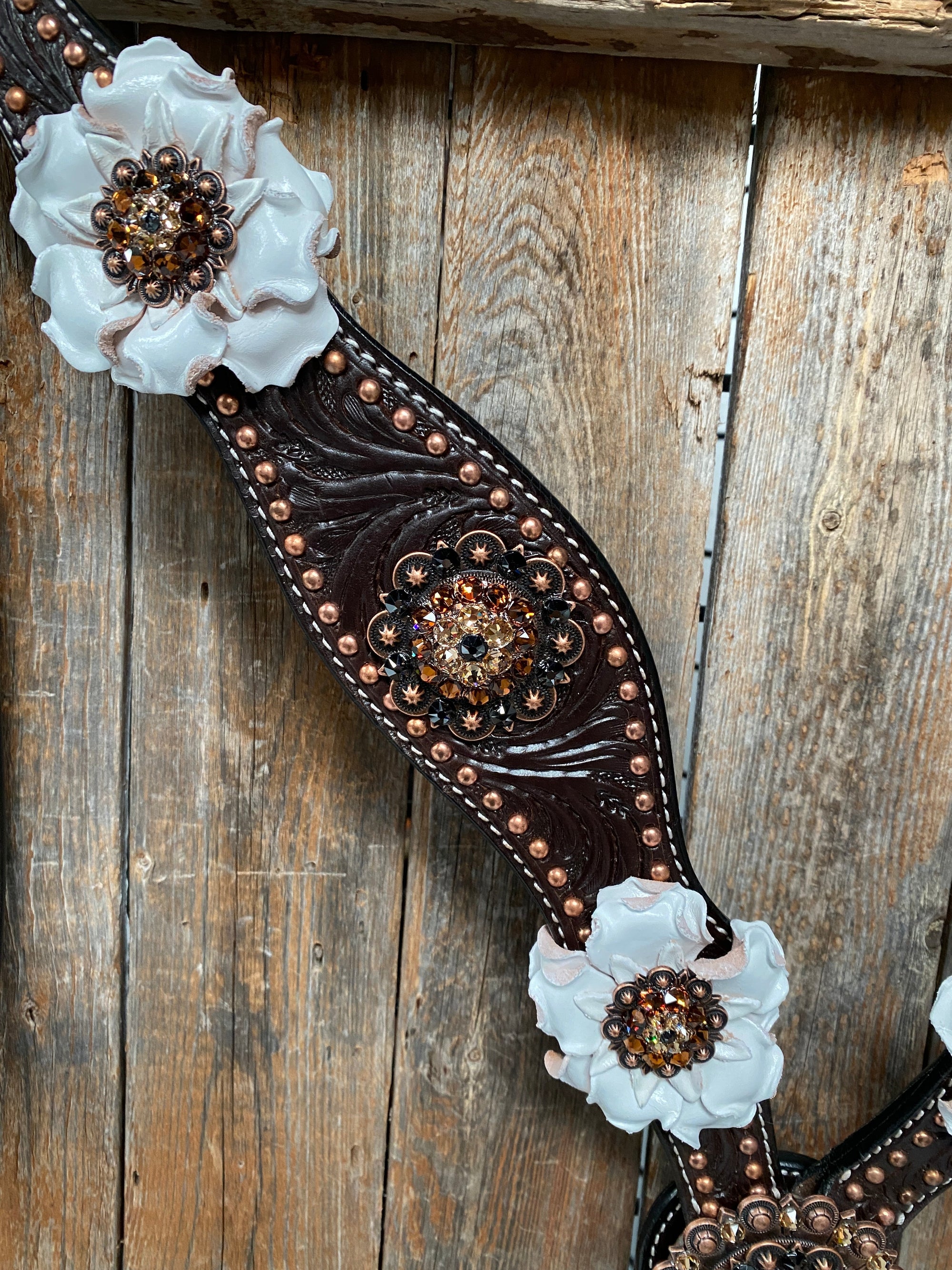 Dark Oil Copper Dot White and Topaz Browband / One Ear Tack Set 