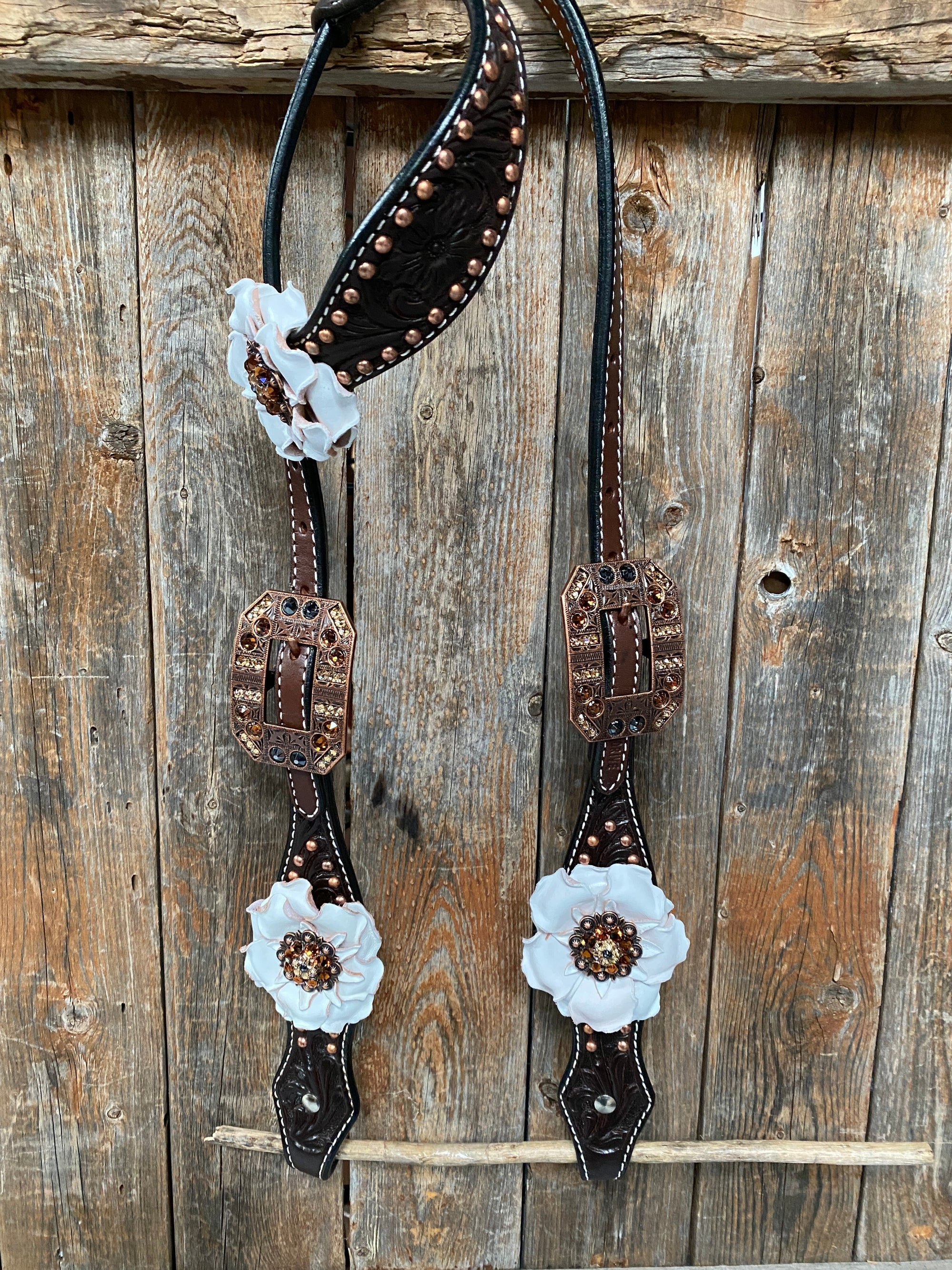 Dark Oil Copper Dot White and Topaz Browband / One Ear Tack Set 