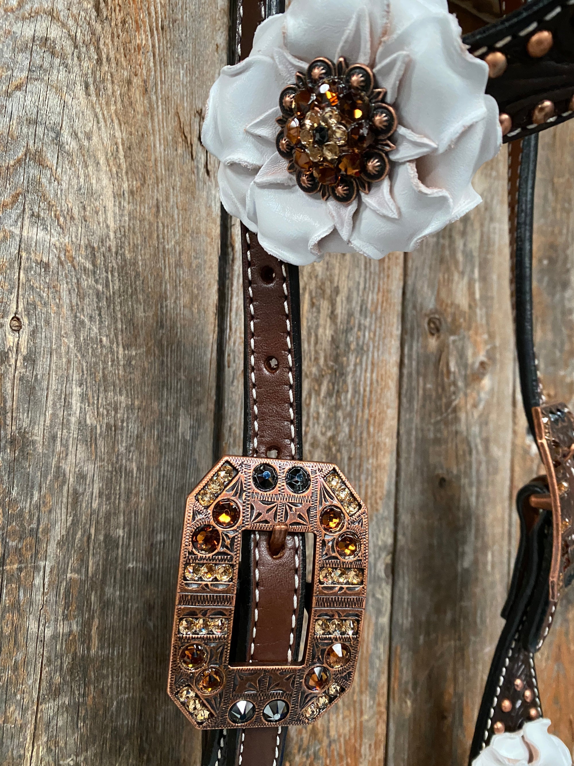 Dark Oil Copper Dot White and Topaz Browband / One Ear Tack Set 