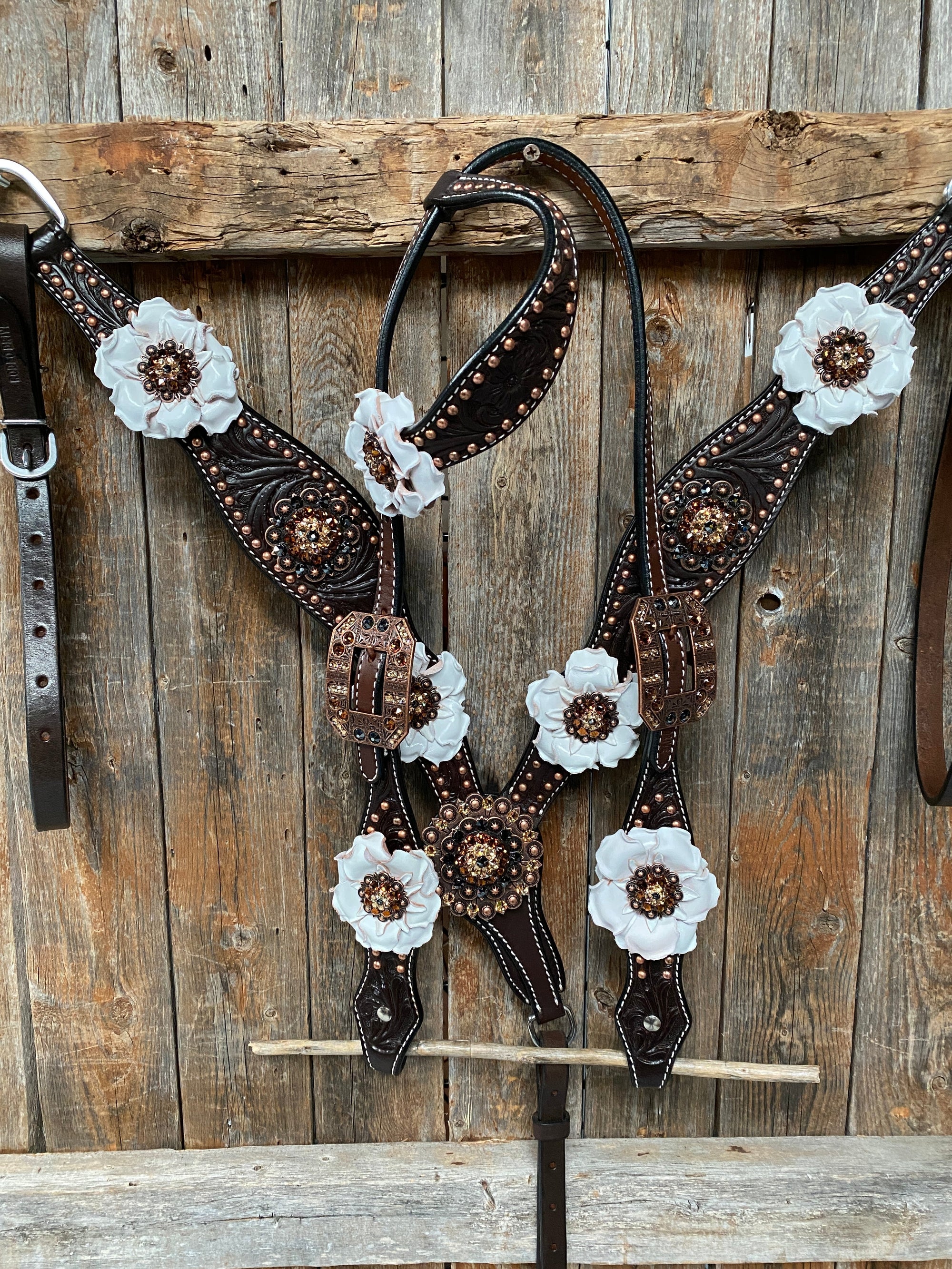 Dark Oil Copper Dot White and Topaz Browband / One Ear Tack Set 