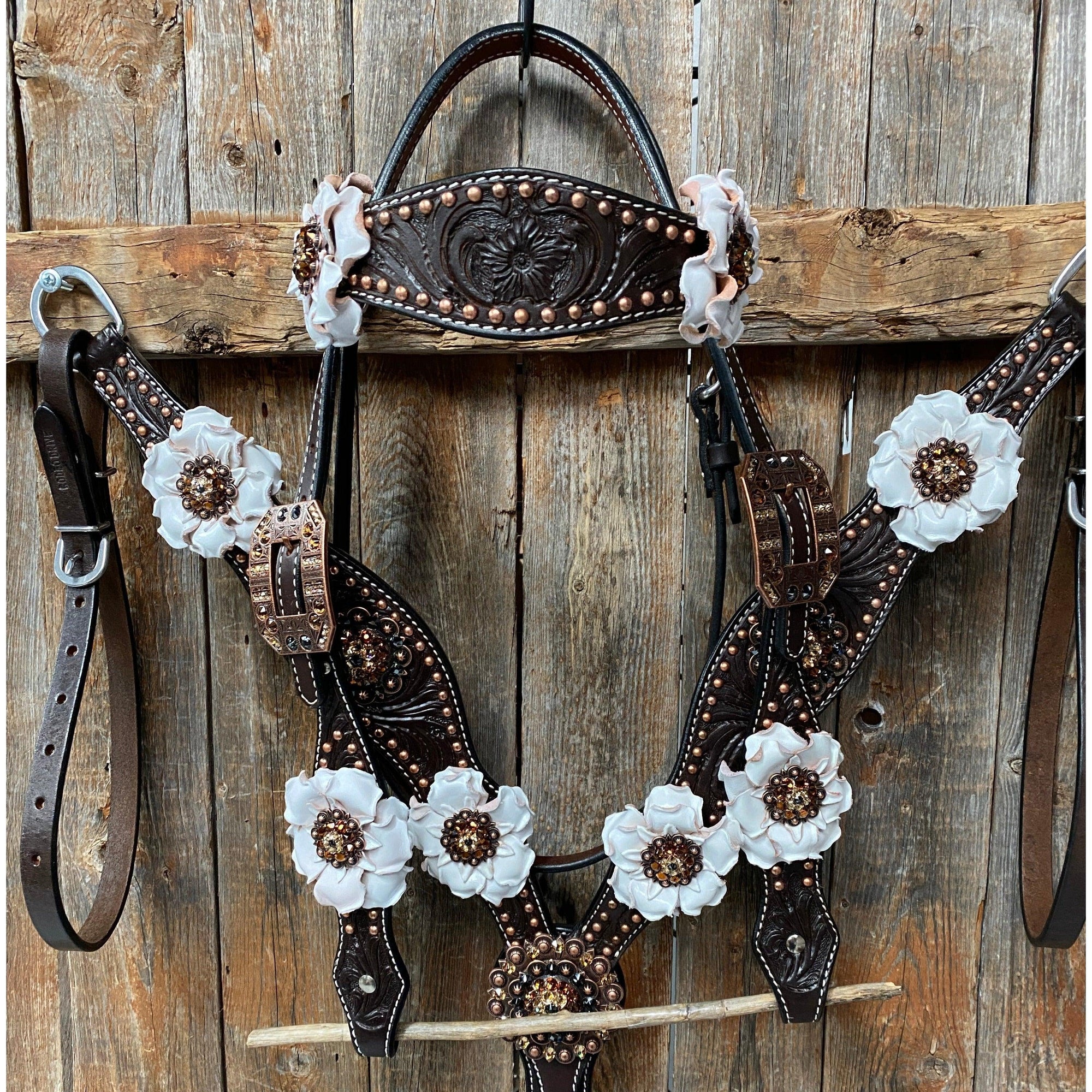 Dark Oil Copper Dot White and Topaz Browband / One Ear Tack Set 