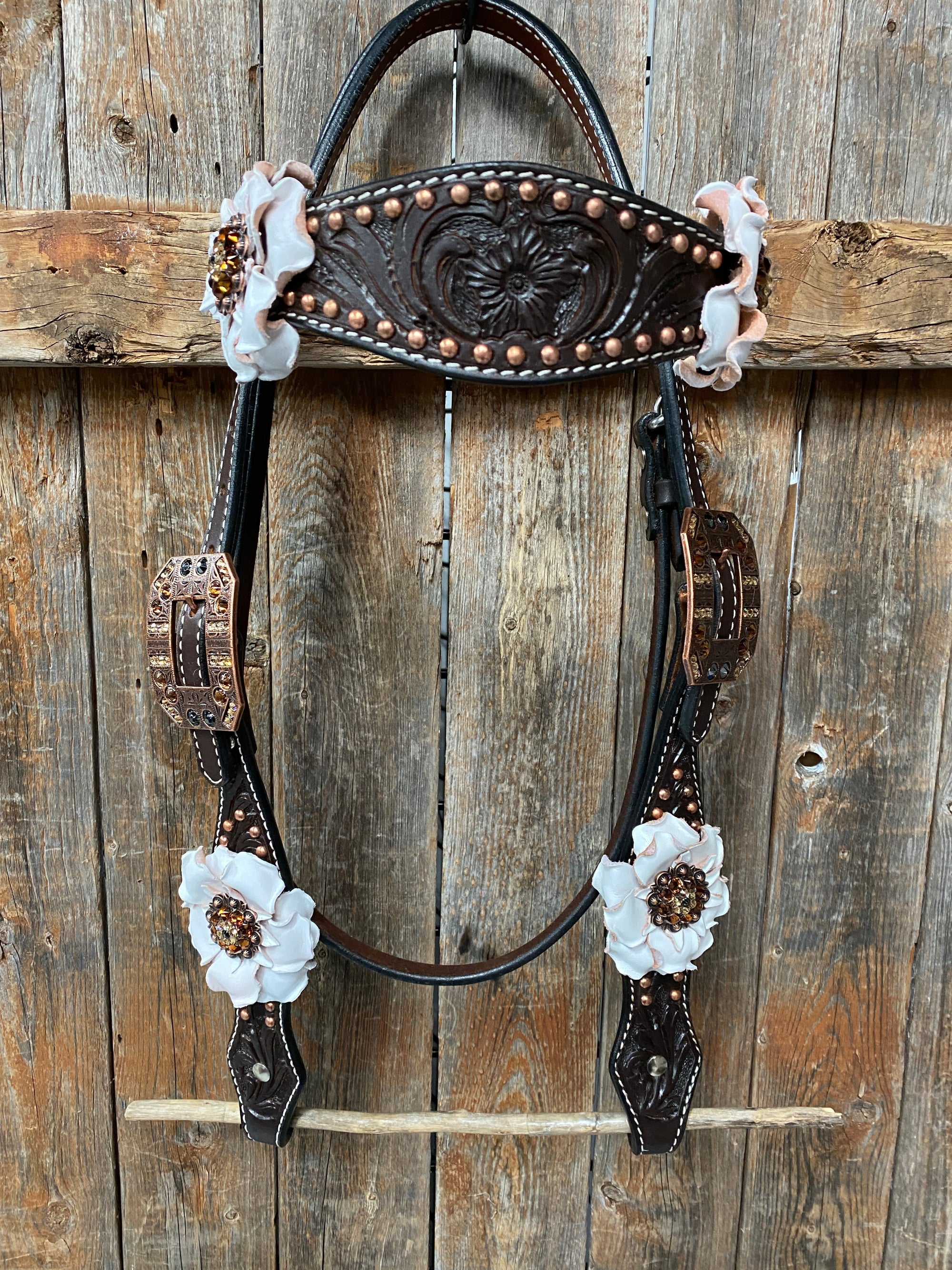 Dark Oil Copper Dot White and Topaz Browband / One Ear Tack Set 