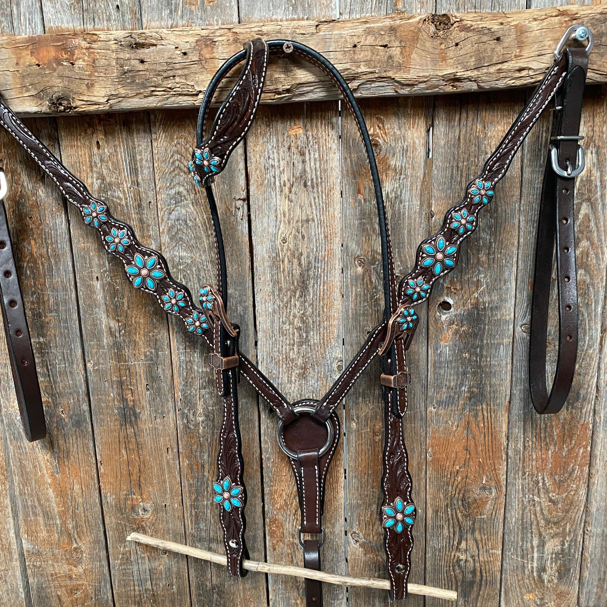 Dark Floral Turquoise Browband/One Ear Tack Set with Wither Strap  