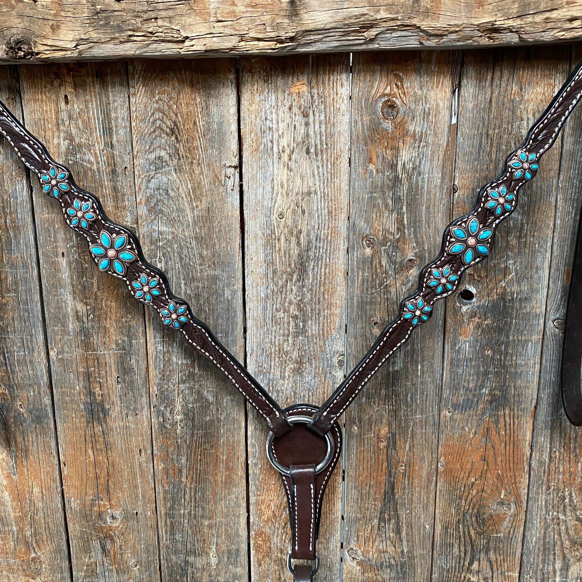 Dark Floral Turquoise Browband/One Ear Tack Set with Wither Strap  