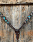 Dark Floral Turquoise Browband/One Ear Tack Set with Wither Strap  