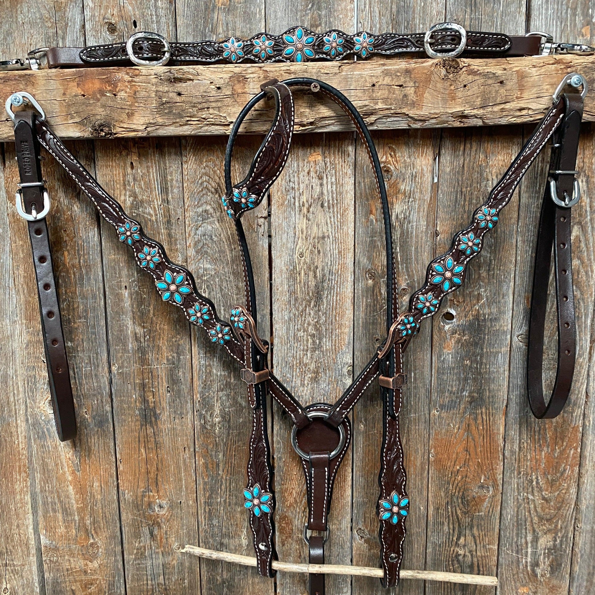 Dark Floral Turquoise Browband/One Ear Tack Set with Wither Strap  