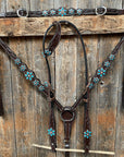 Dark Floral Turquoise Browband/One Ear Tack Set with Wither Strap  