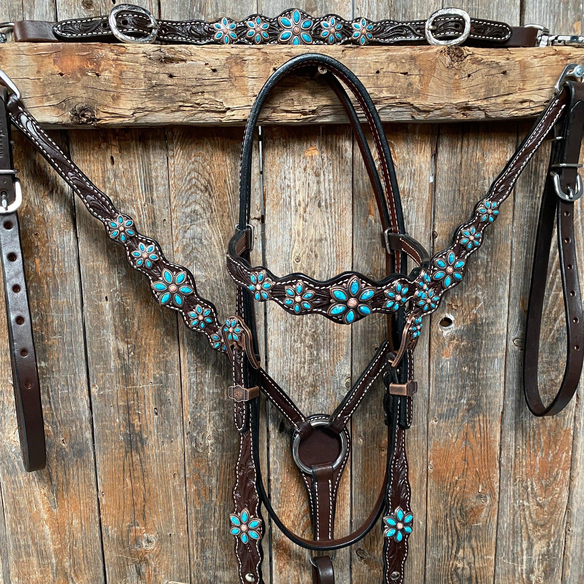 Dark Floral Turquoise Browband/One Ear Tack Set with Wither Strap  