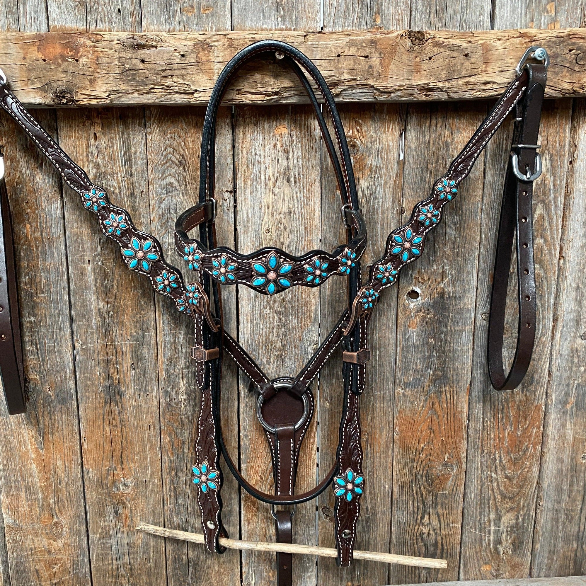 Dark Floral Turquoise Browband/One Ear Tack Set with Wither Strap  