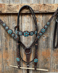Dark Floral Turquoise Browband/One Ear Tack Set with Wither Strap  