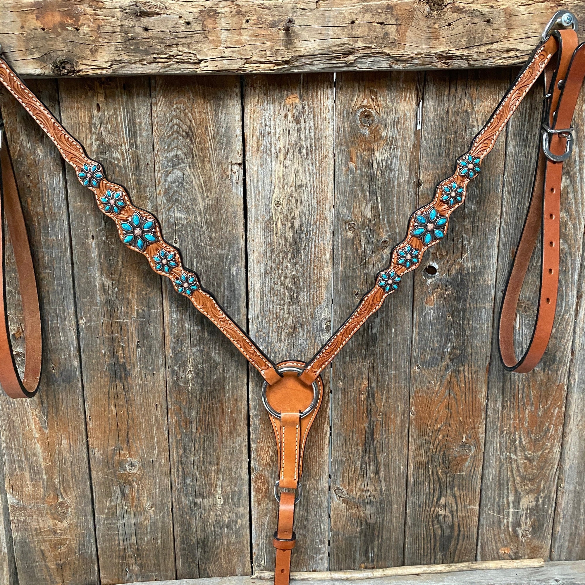 Light Floral Turquoise Browband/One Ear Tack Set with Wither Strap  