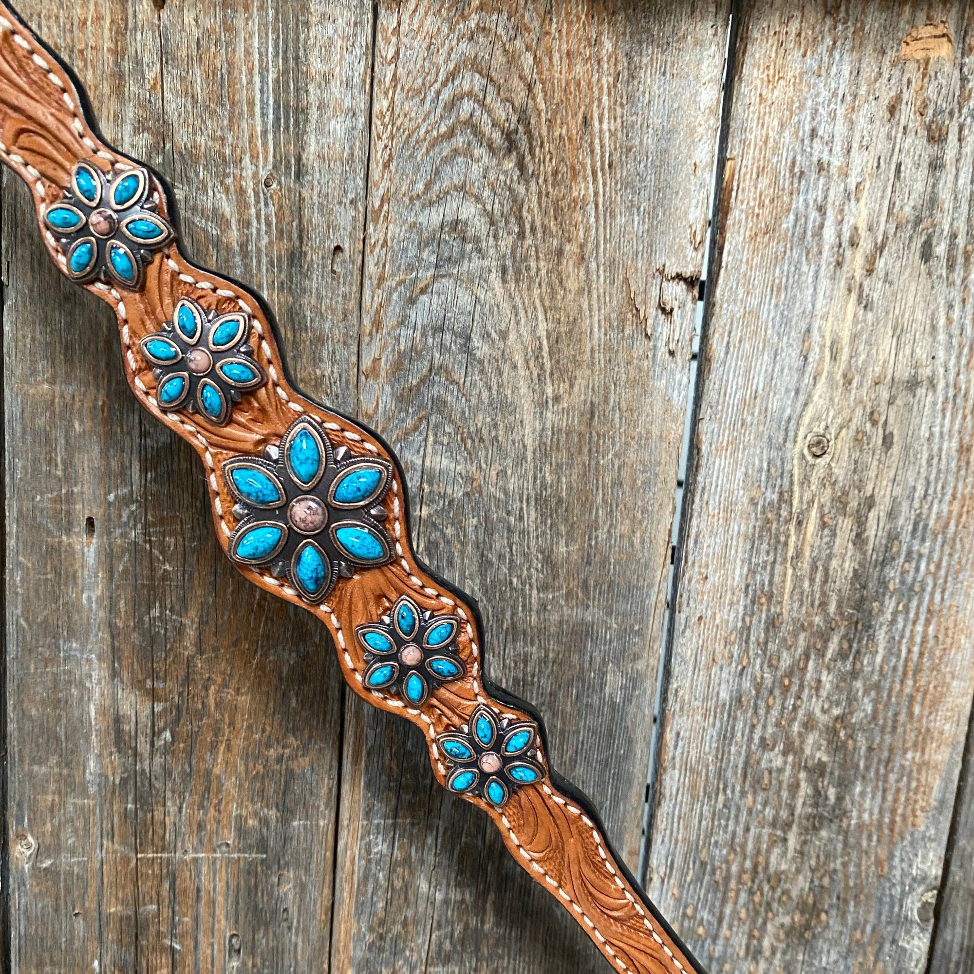 Light Floral Turquoise Browband/One Ear Tack Set with Wither Strap  