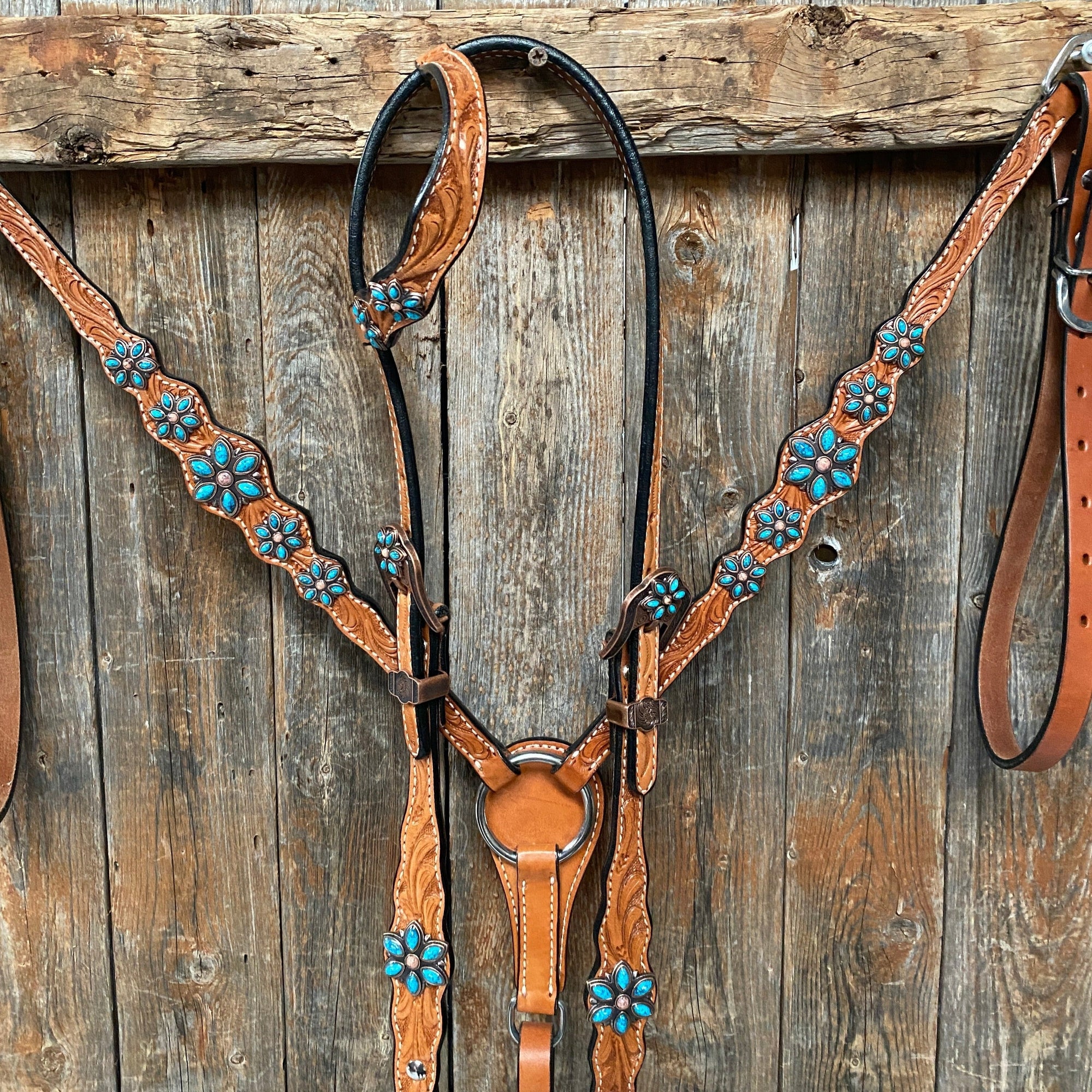 Light Floral Turquoise Browband/One Ear Tack Set with Wither Strap  
