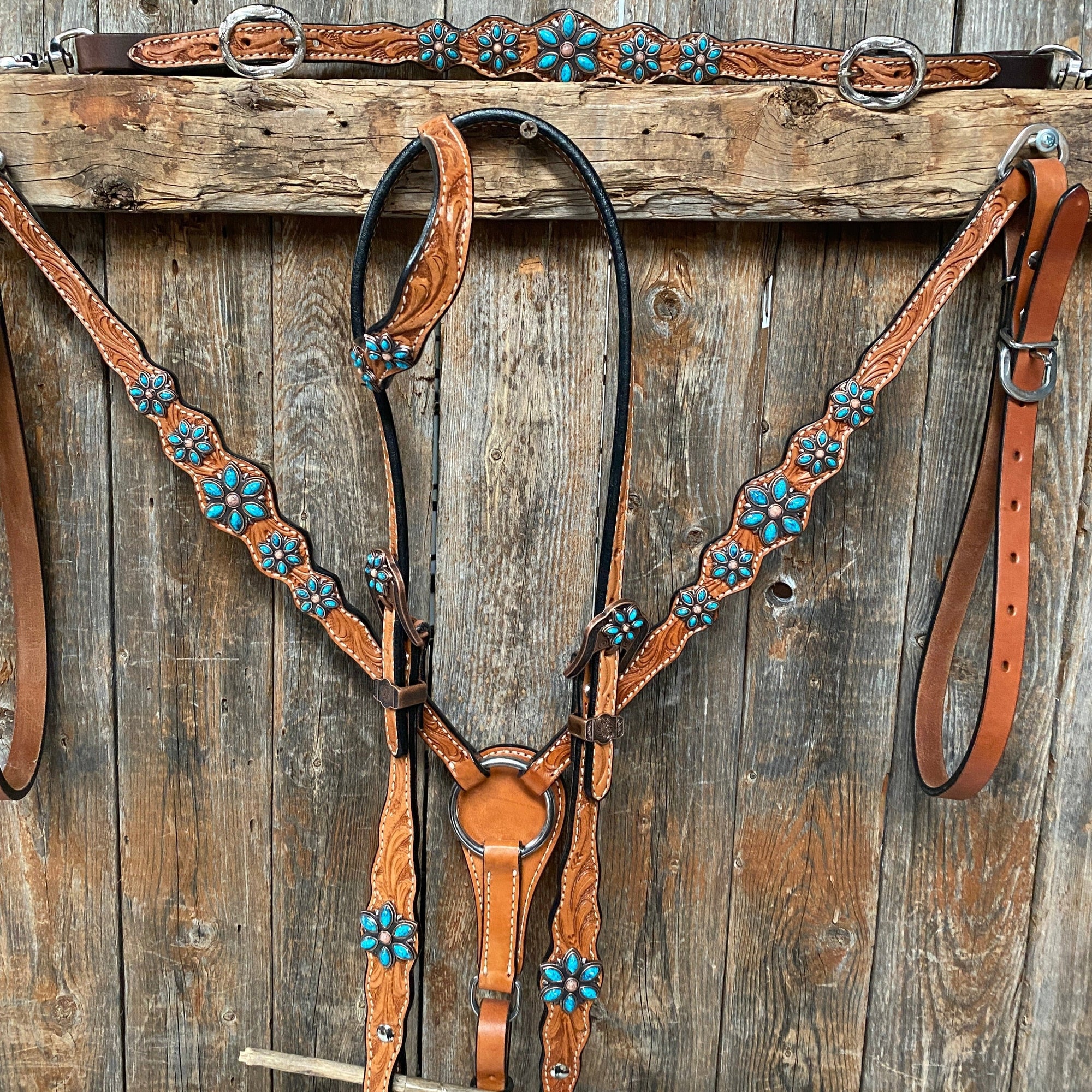 Light Floral Turquoise Browband/One Ear Tack Set with Wither Strap  