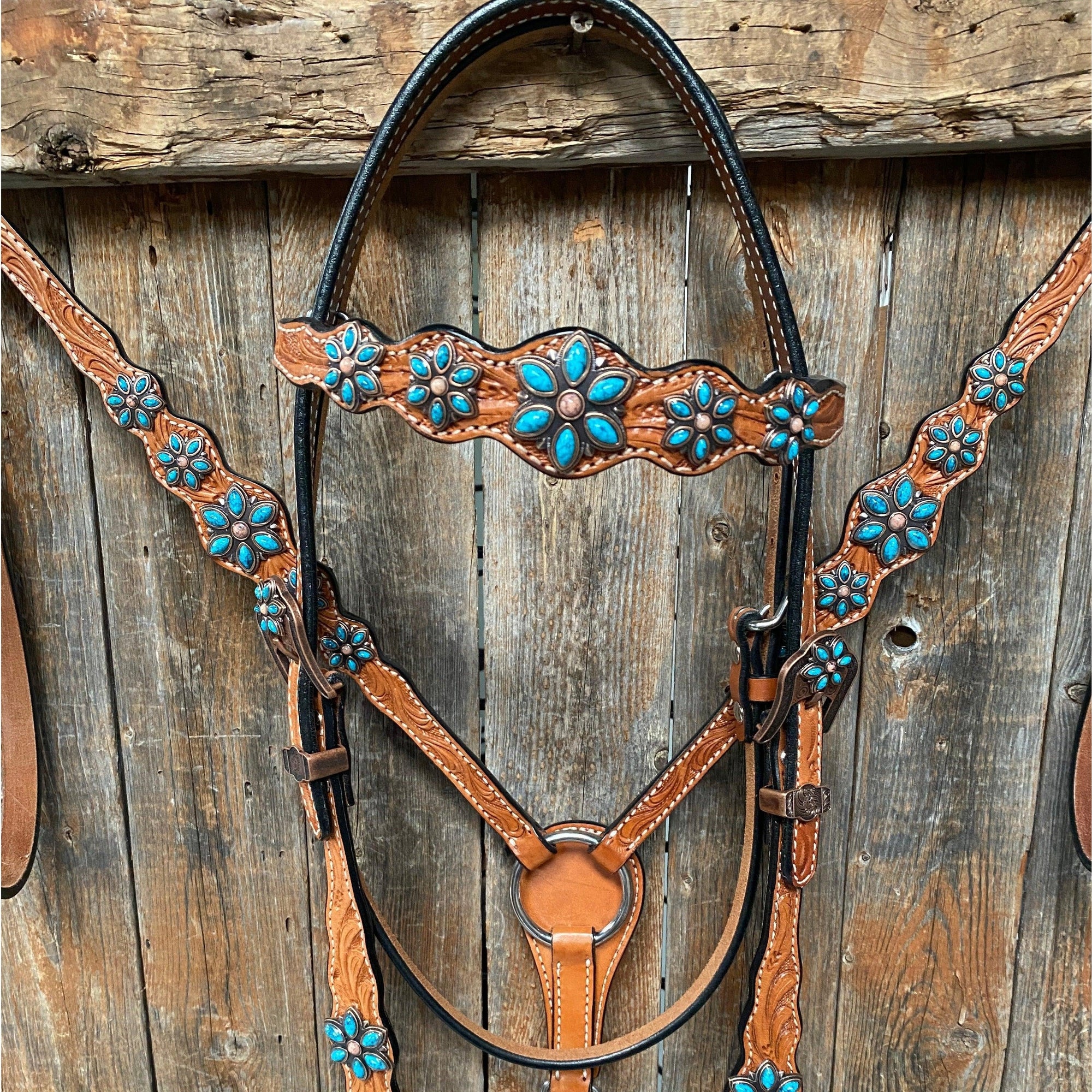 Light Floral Turquoise Browband/One Ear Tack Set with Wither Strap  