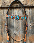Light Floral Turquoise Browband/One Ear Tack Set with Wither Strap  