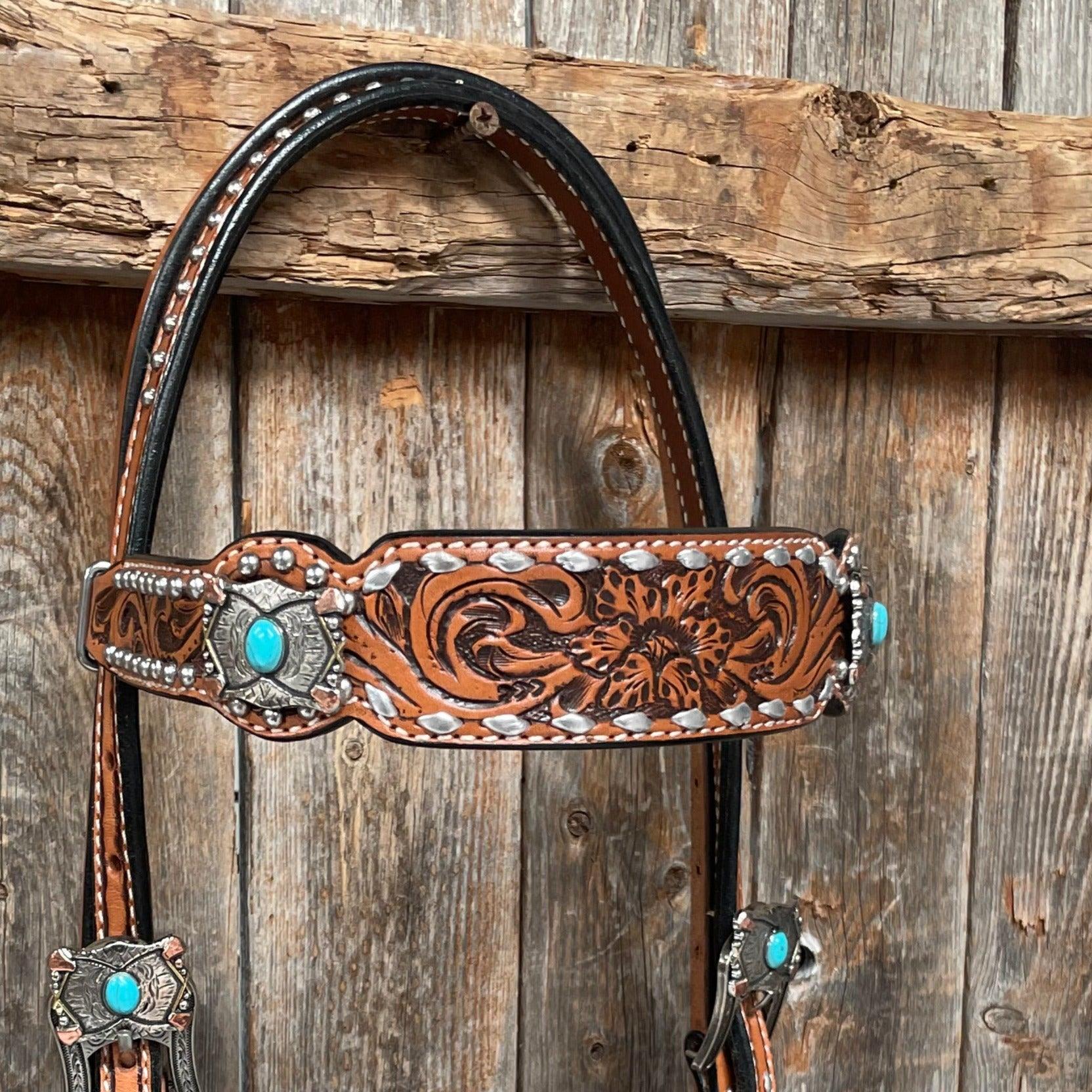 Silver Buckstitch with Turquoise Browband / One Ear / Breastcollar Tack Set 