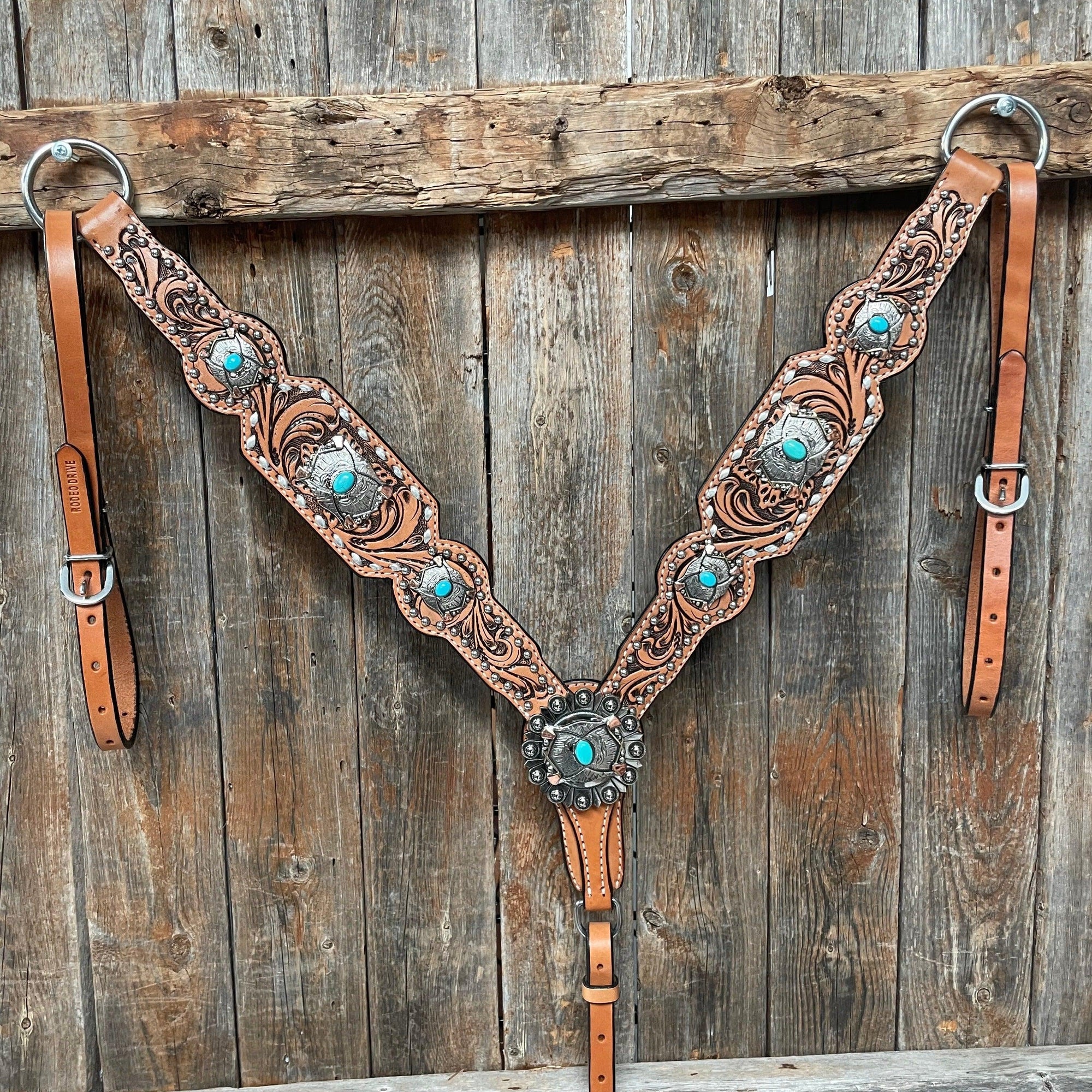 Silver Buckstitch with Turquoise Browband / One Ear / Breastcollar Tack Set 