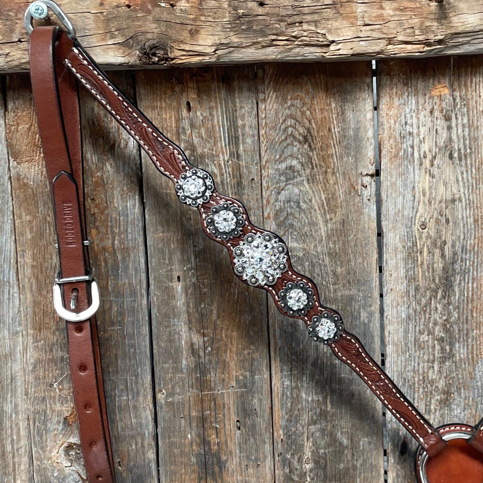 Medium Oil Floral Scalloped Clear Browband / One Ear / Breastcollar Buckstitch Tack Set 