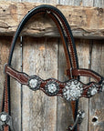 Medium Oil Floral Scalloped Clear Browband / One Ear / Breastcollar Buckstitch Tack Set 