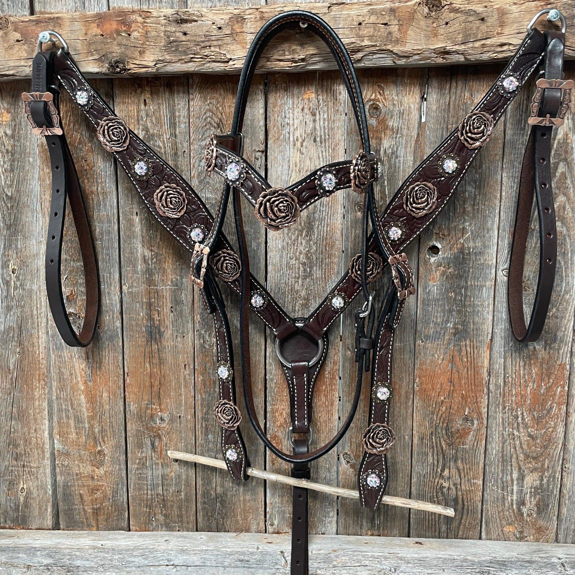 Dark Oil Floral Tooled Roses Browband &amp; Breastcollar Tack Set 