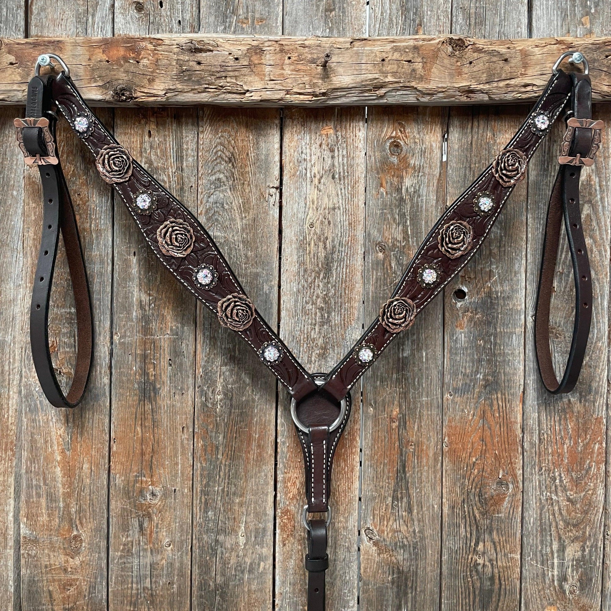 Dark Oil Floral Tooled Roses Browband &amp; Breastcollar Tack Set 