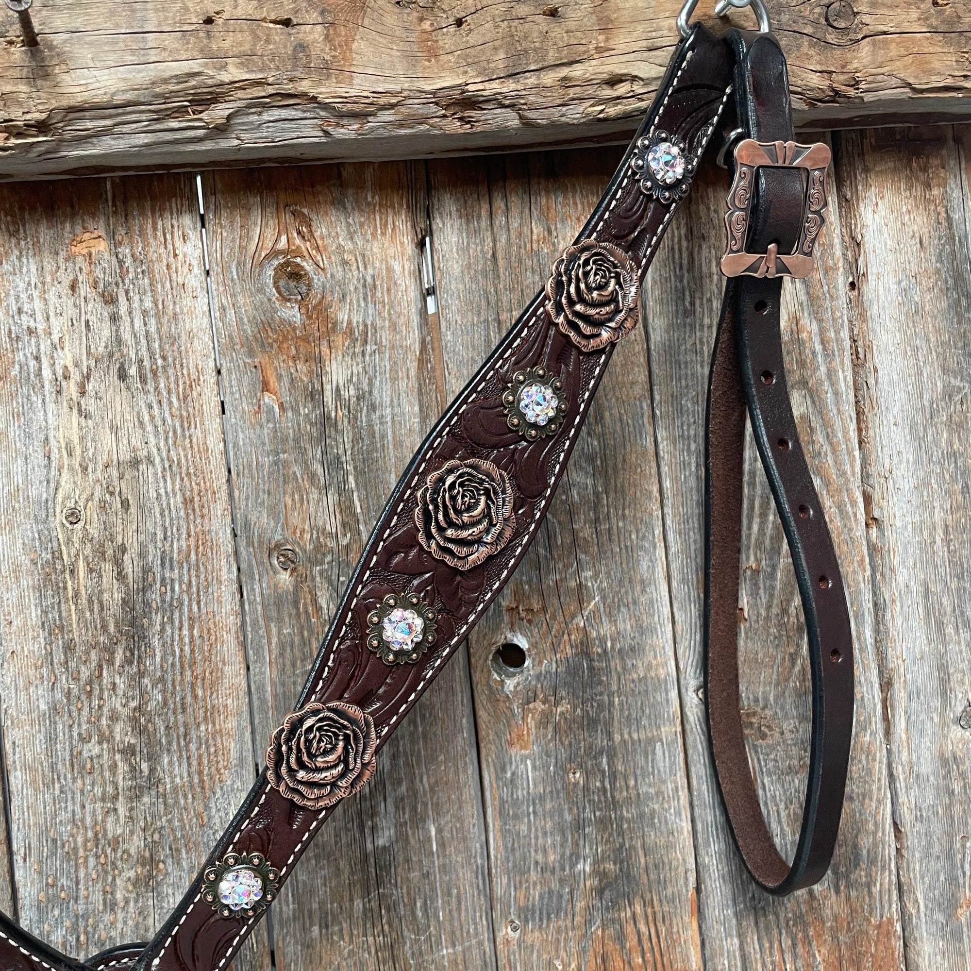 Dark Oil Floral Tooled Roses Browband &amp; Breastcollar Tack Set 