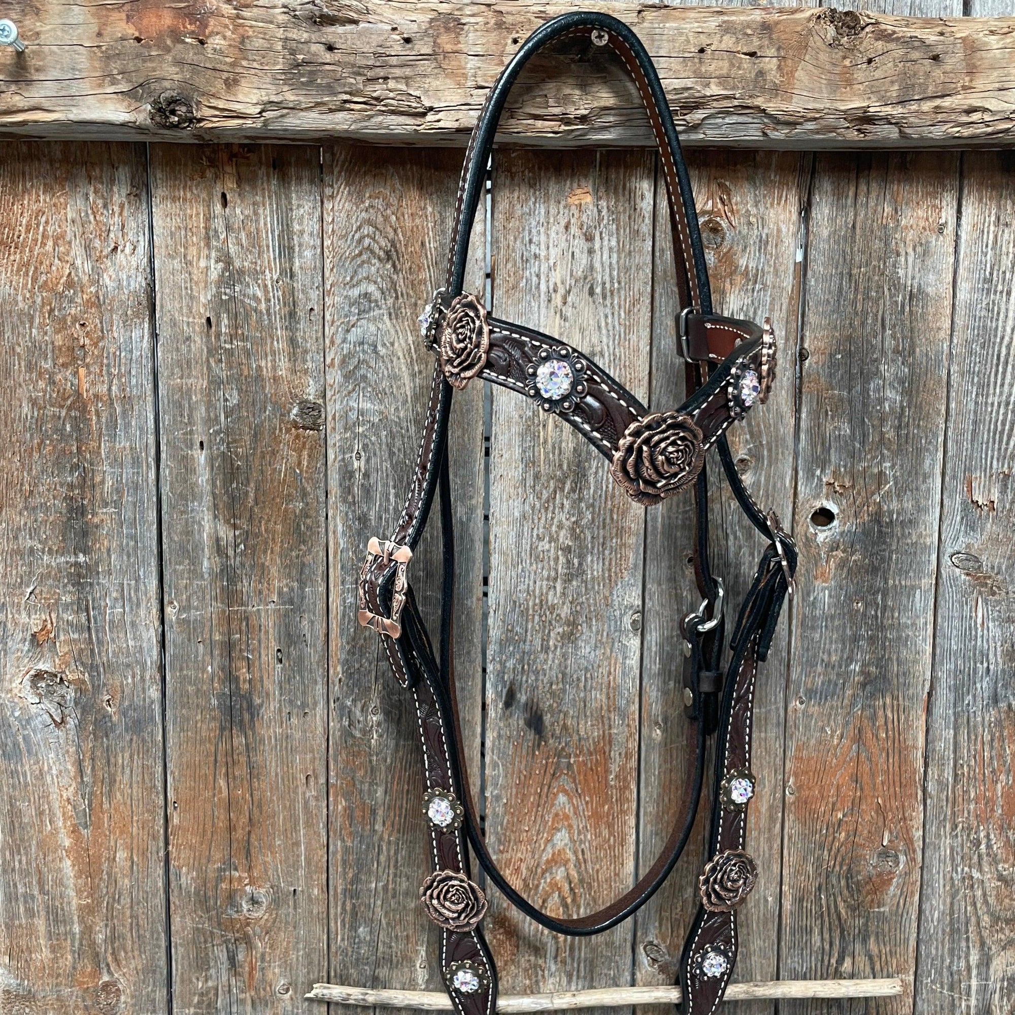 Dark Oil Floral Tooled Roses Browband &amp; Breastcollar Tack Set 