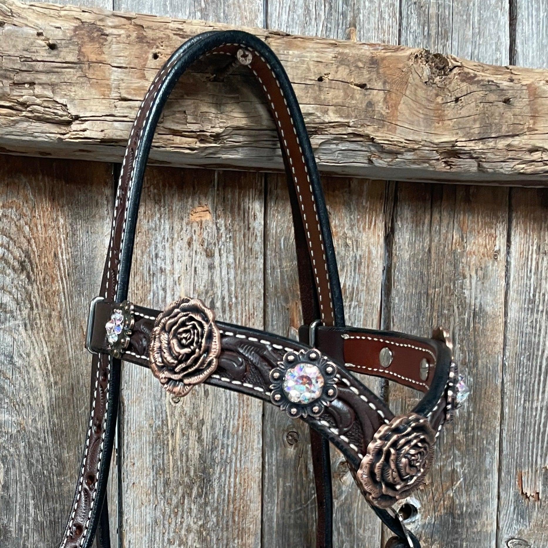 Dark Oil Floral Tooled Roses Browband &amp; Breastcollar Tack Set 