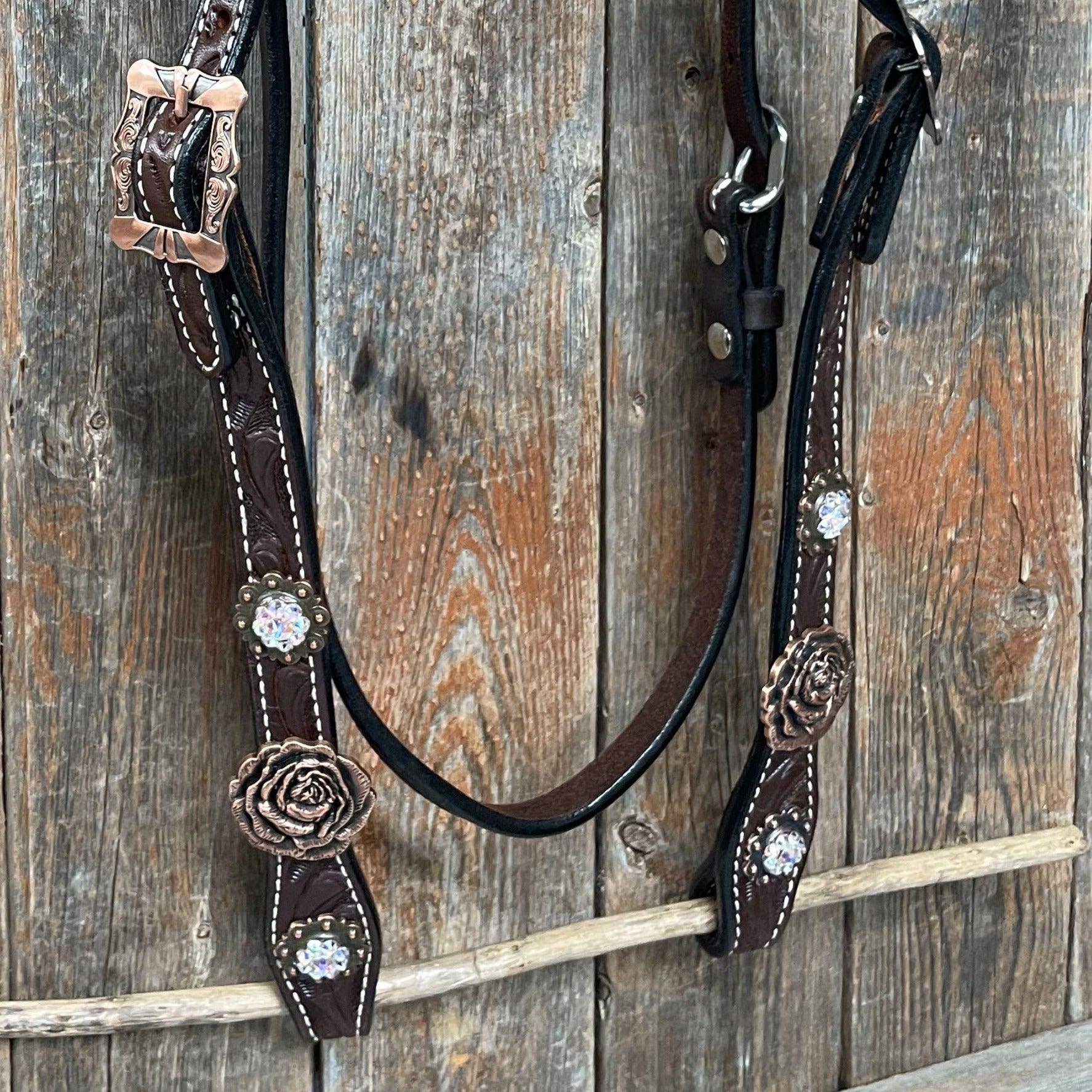 Dark Oil Floral Tooled Roses Browband &amp; Breastcollar Tack Set 