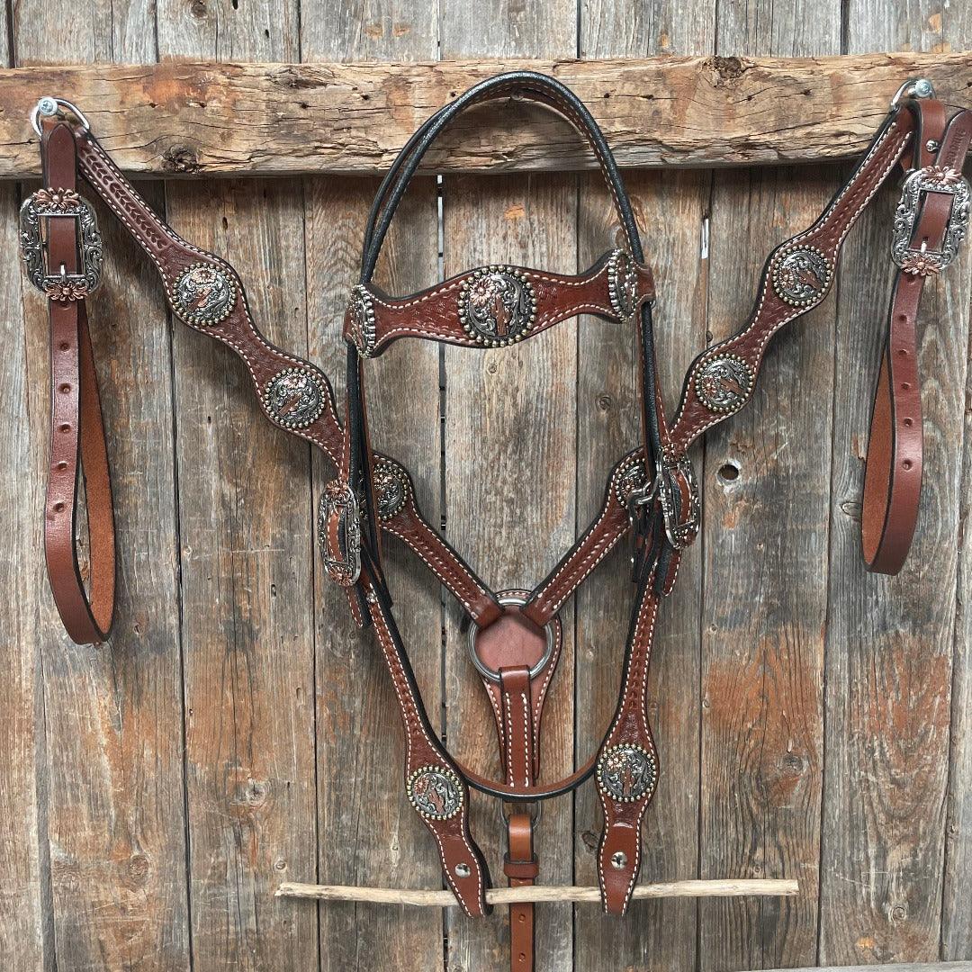 Medium Oil Basketweave Flower and Cactus Browband/One Ear Tack Set  