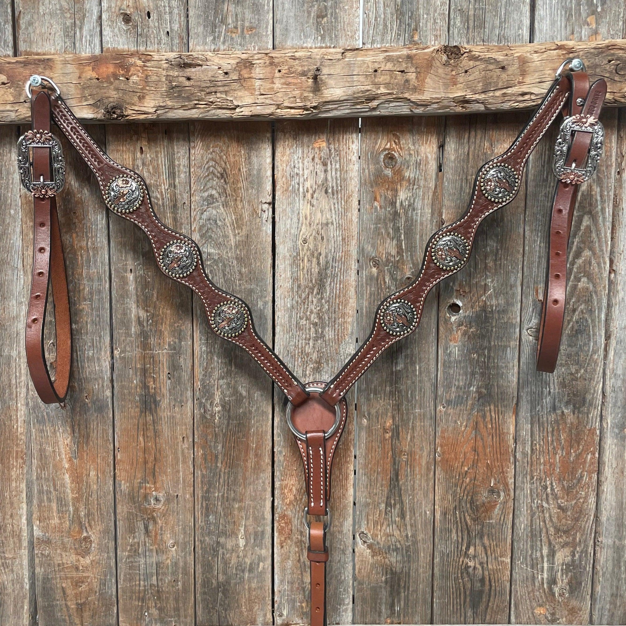Medium Oil Basketweave Flower and Cactus Browband/One Ear Tack Set  