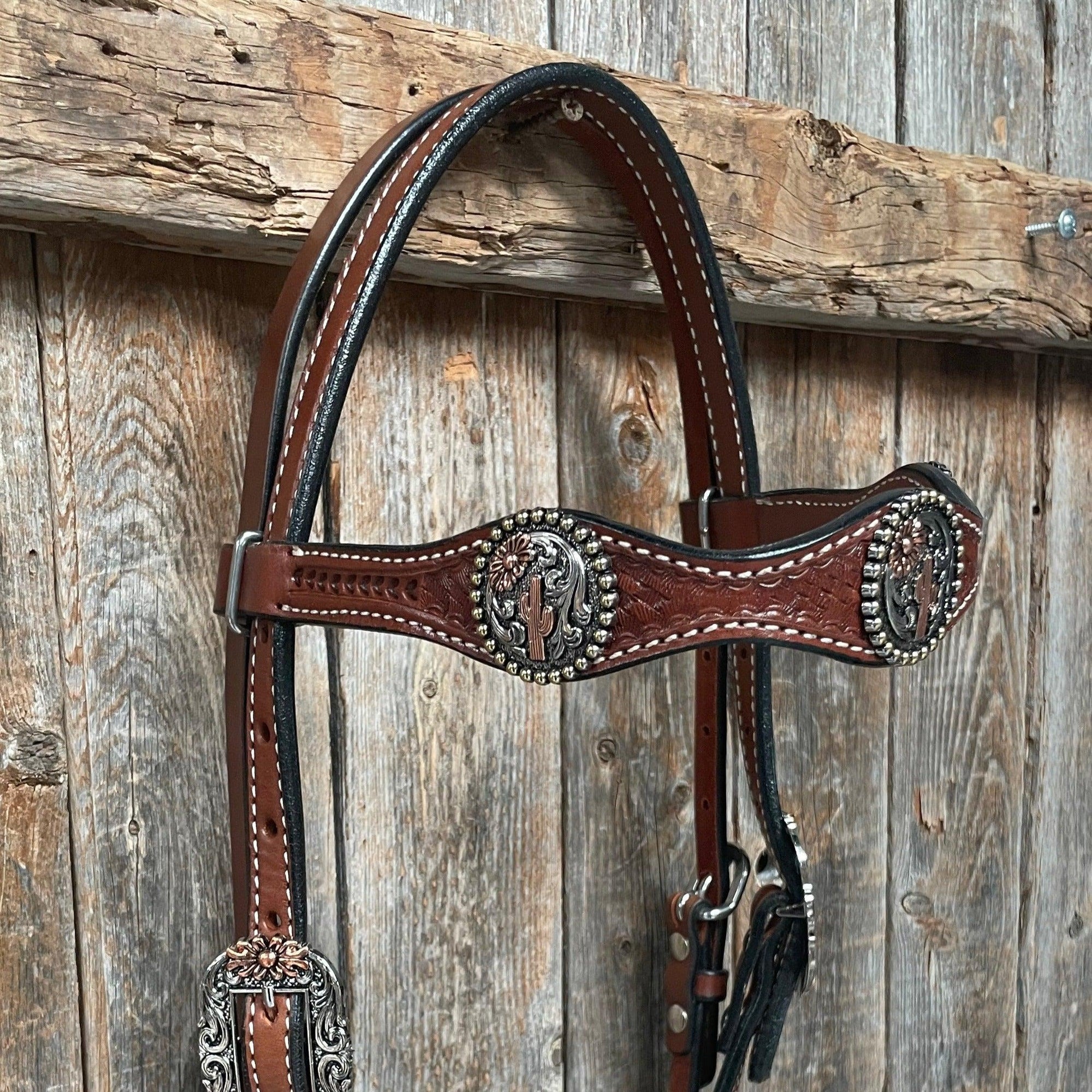 Medium Oil Basketweave Flower and Cactus Browband/One Ear Tack Set  