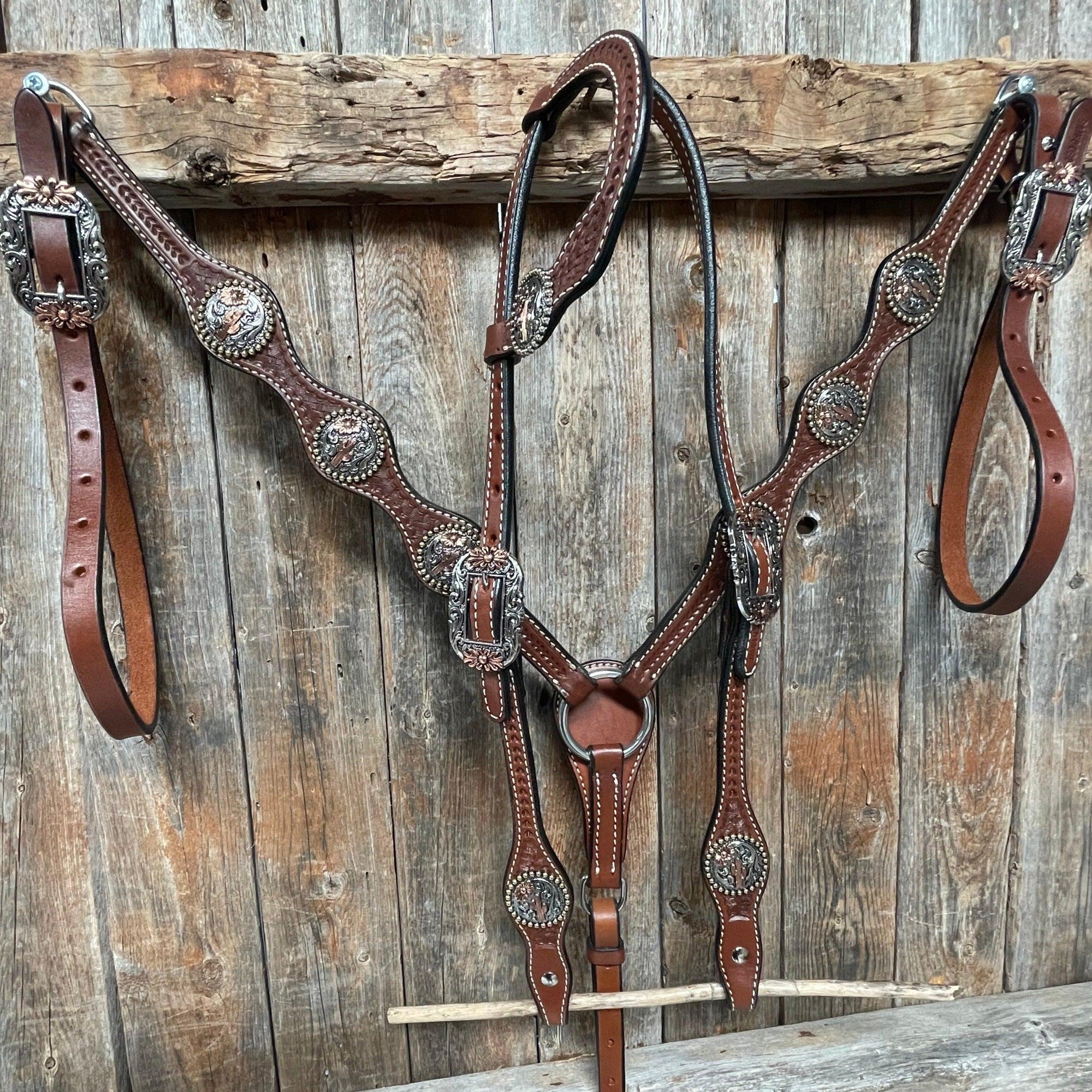 Medium Oil Basketweave Flower and Cactus Browband/One Ear Tack Set  