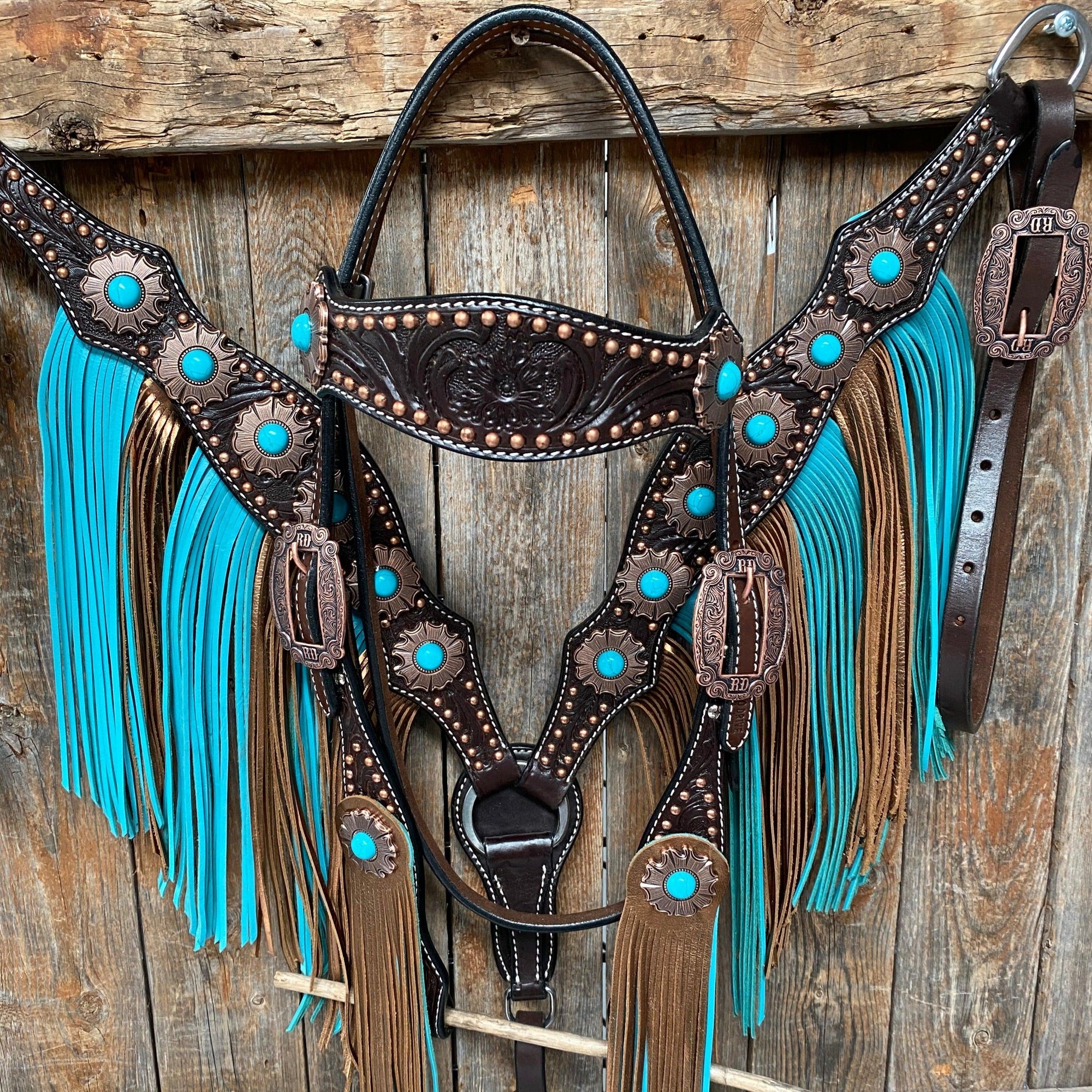 Dark Oil Copper Dot Turquoise Browband/One Ear Tack Set  