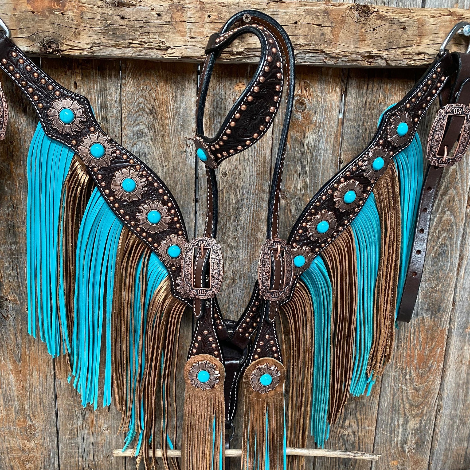 Dark Oil Copper Dot Turquoise Browband/One Ear Tack Set  
