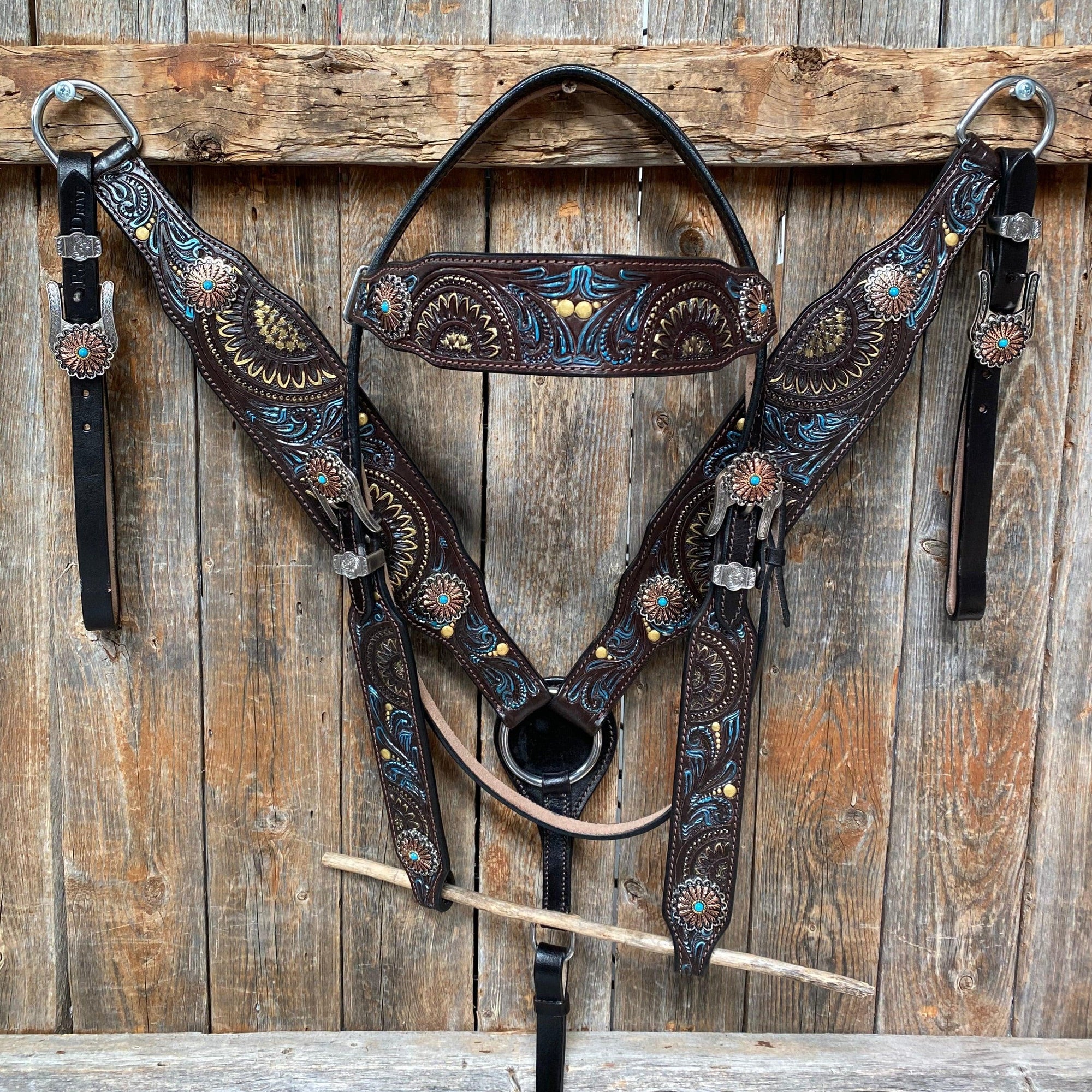 Dark Oil Blue and Gold  Browband &amp; Breastcollar Tack Set 