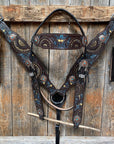 Dark Oil Blue and Gold  Browband & Breastcollar Tack Set 