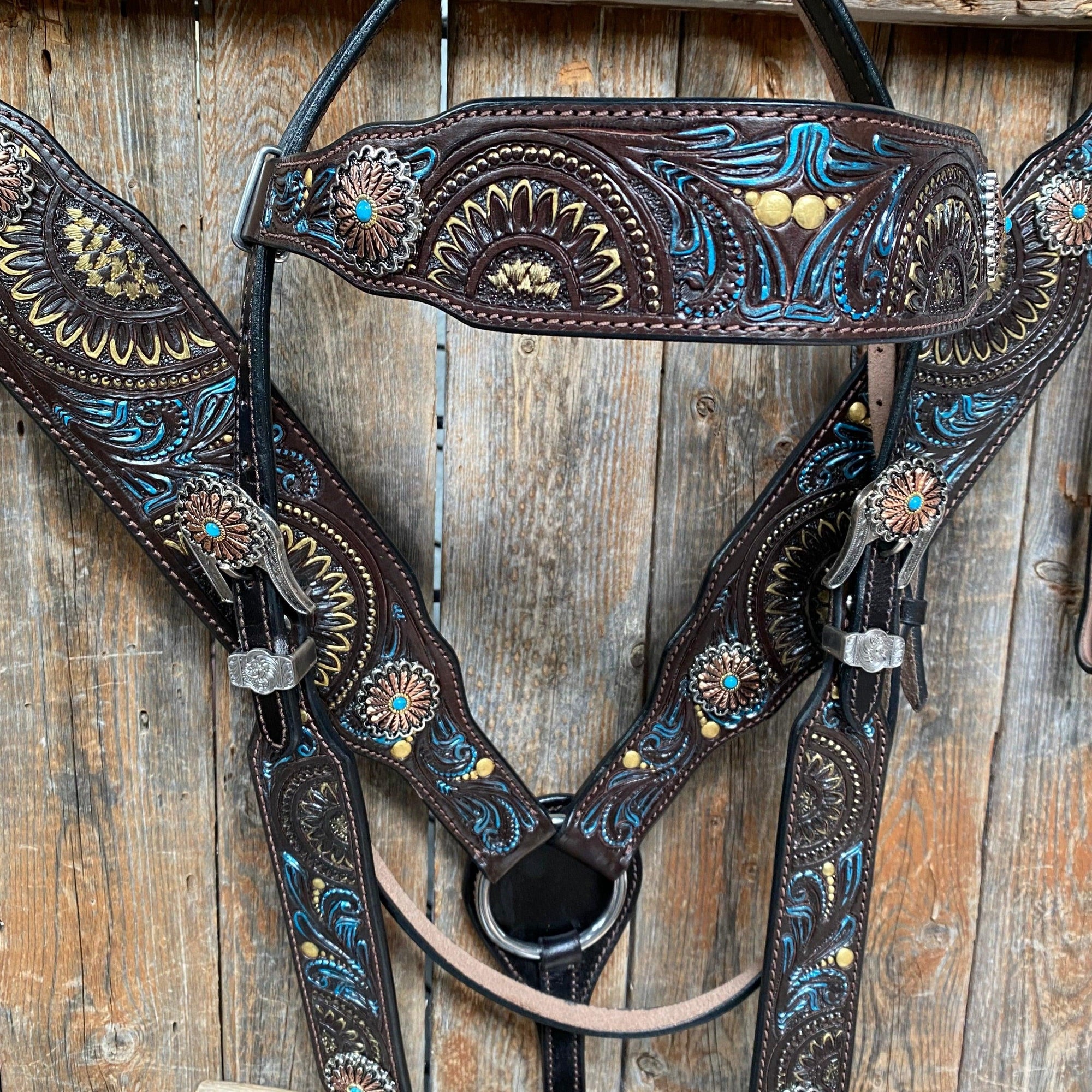 Dark Oil Blue and Gold  Browband &amp; Breastcollar Tack Set 
