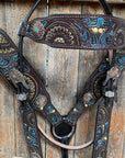 Dark Oil Blue and Gold  Browband & Breastcollar Tack Set 