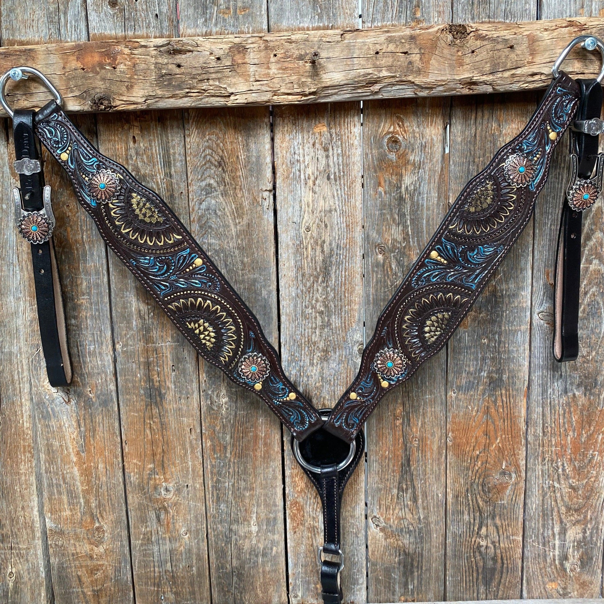 Dark Oil Blue and Gold  Browband &amp; Breastcollar Tack Set 