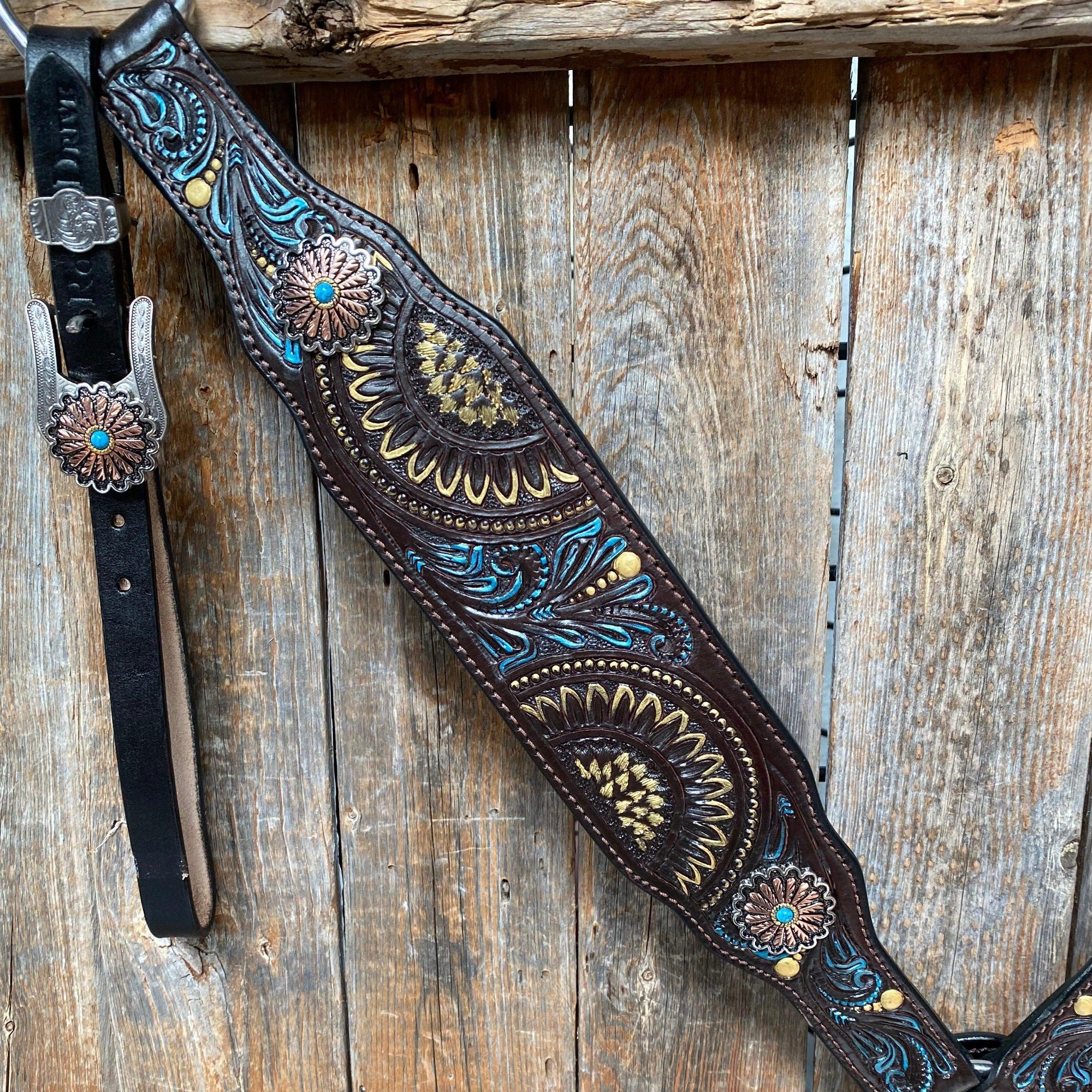 Dark Oil Blue and Gold  Browband &amp; Breastcollar Tack Set 