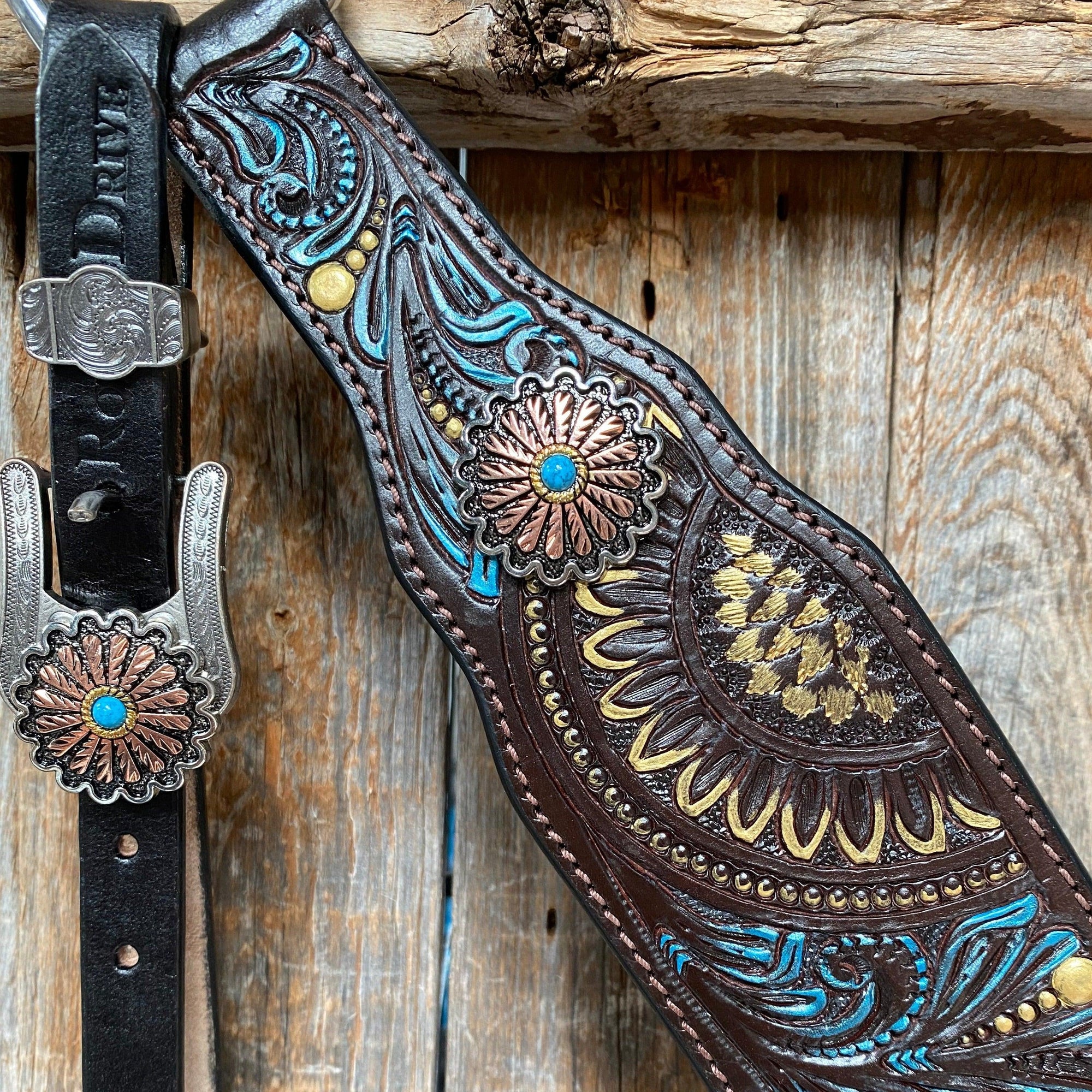 Dark Oil Blue and Gold  Browband &amp; Breastcollar Tack Set 