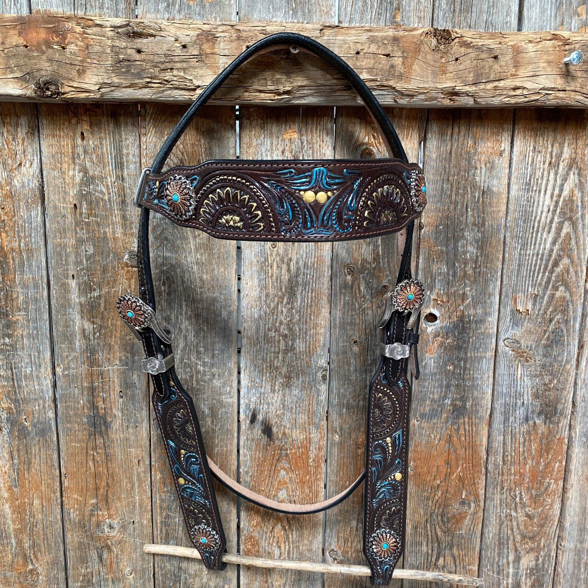 Dark Oil Blue and Gold  Browband &amp; Breastcollar Tack Set 