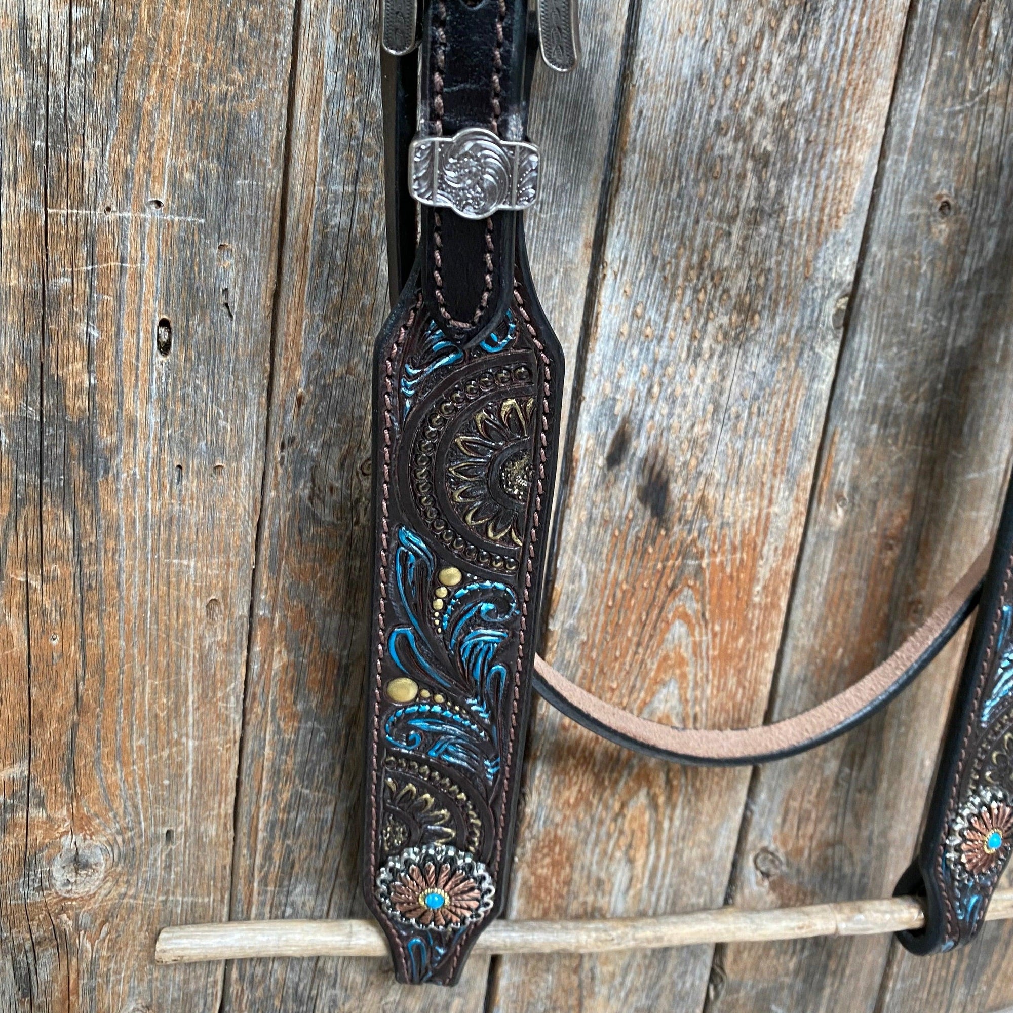 Dark Oil Blue and Gold  Browband &amp; Breastcollar Tack Set 
