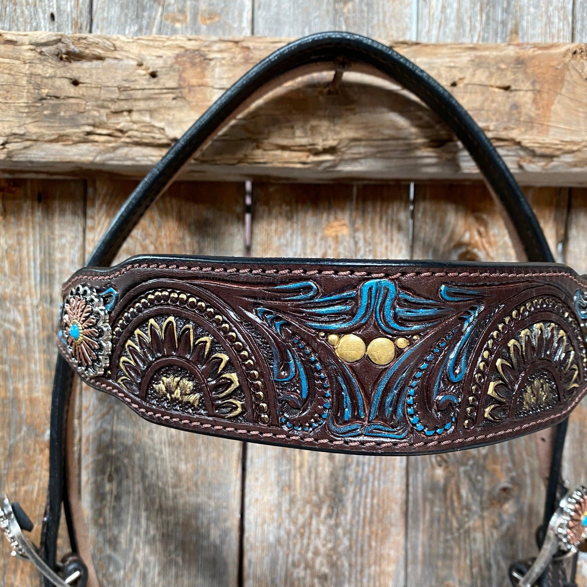 Dark Oil Blue and Gold  Browband &amp; Breastcollar Tack Set 